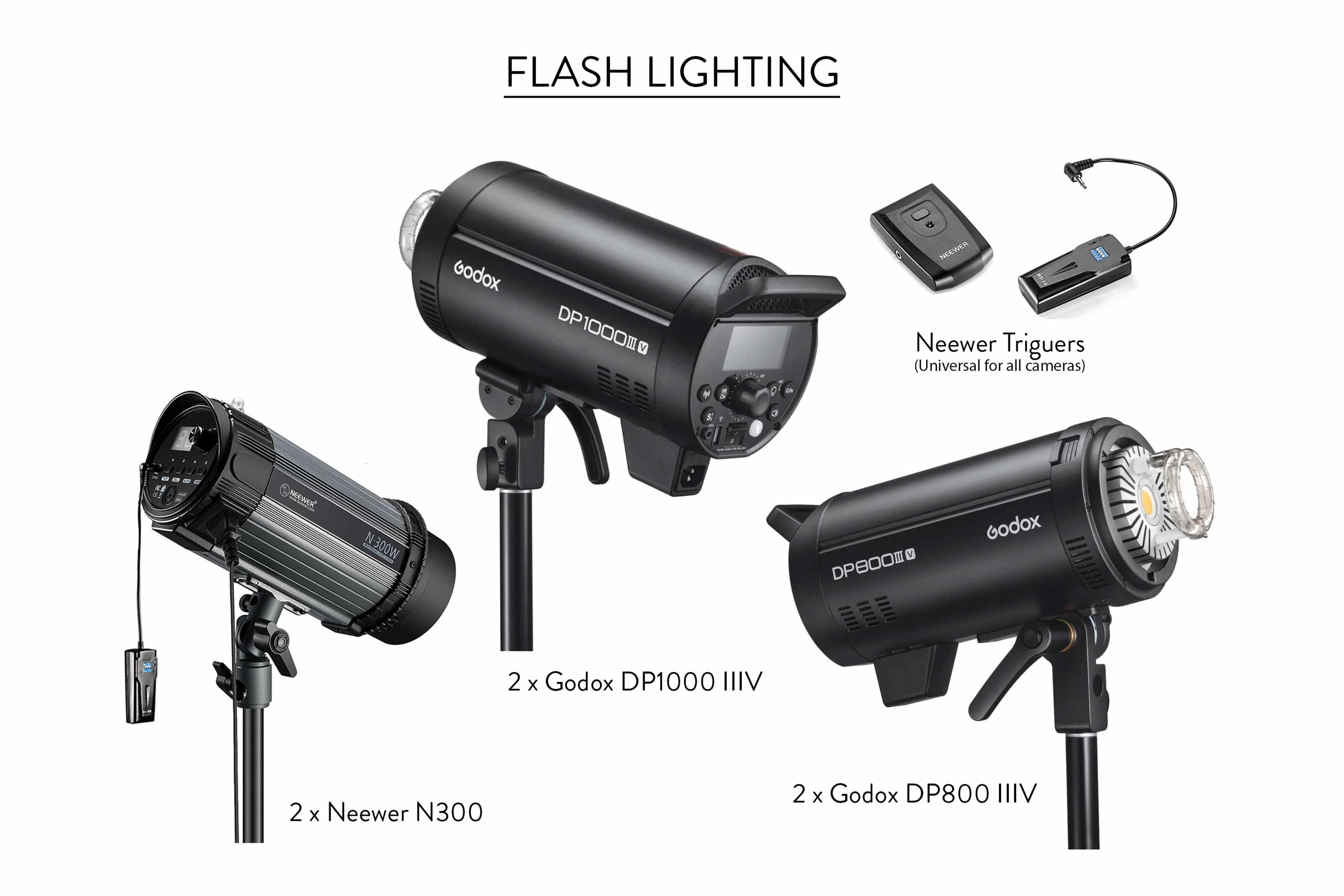 The image displays three types of flash lighting equipment, including two Godox DP1000 III models, two Neewer N300 units, and two Godox DP800 III lights, along with a set of Neewer triggers.