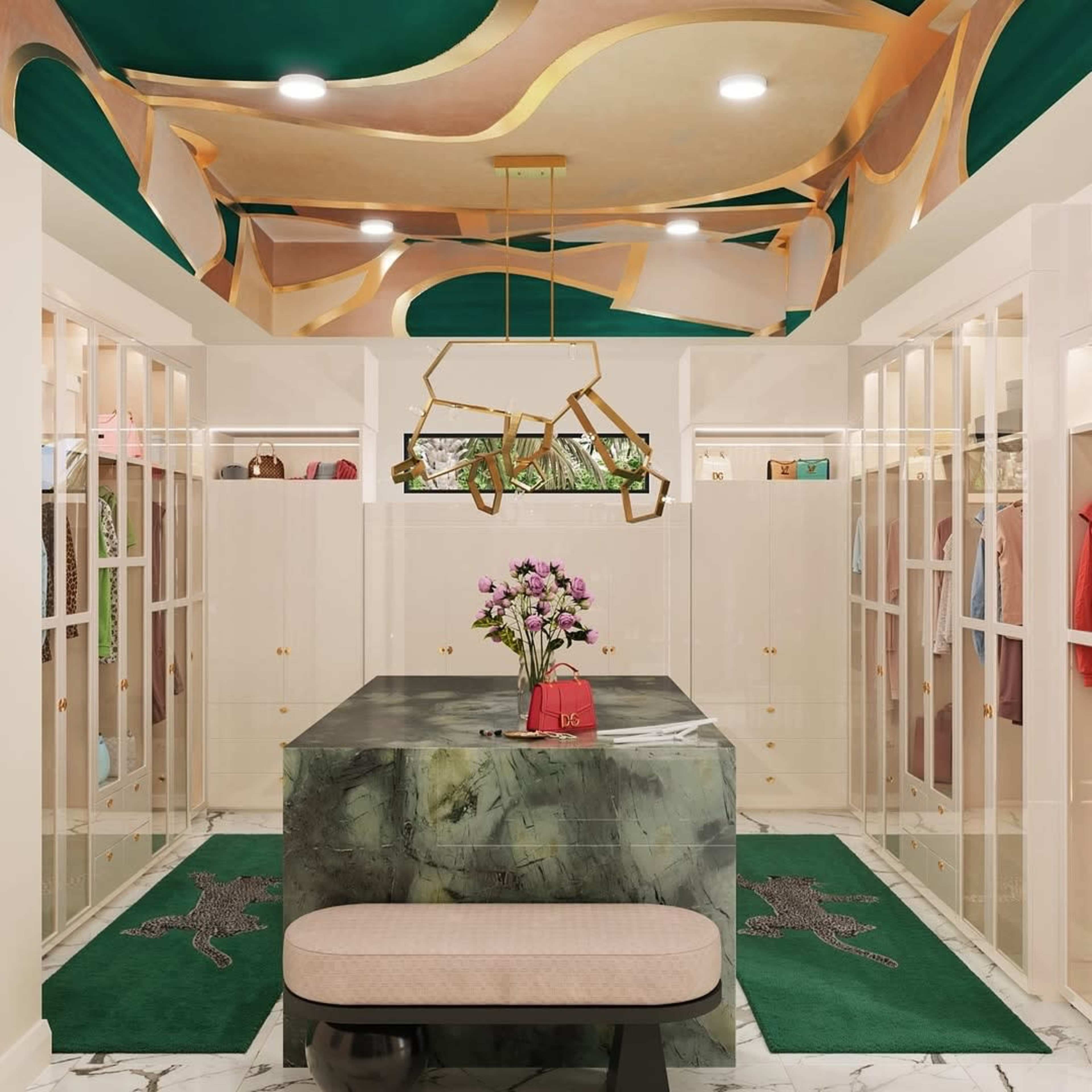 The image depicts a boutique interior featuring a green-topped marble display table, surrounded by glass cabinets and a patterned ceiling.