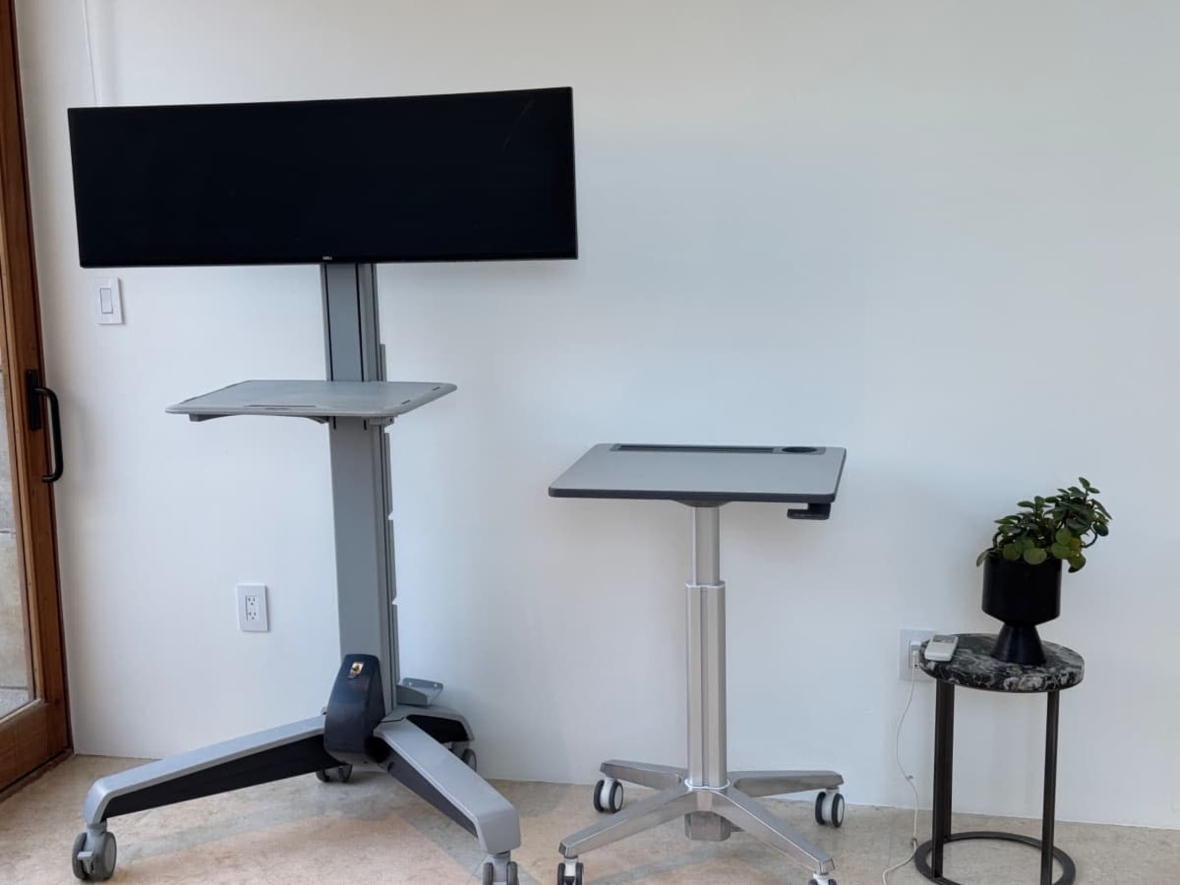 The image shows a room with a tall mobile television stand, a smaller wheeled table, and a potted plant on a side table.