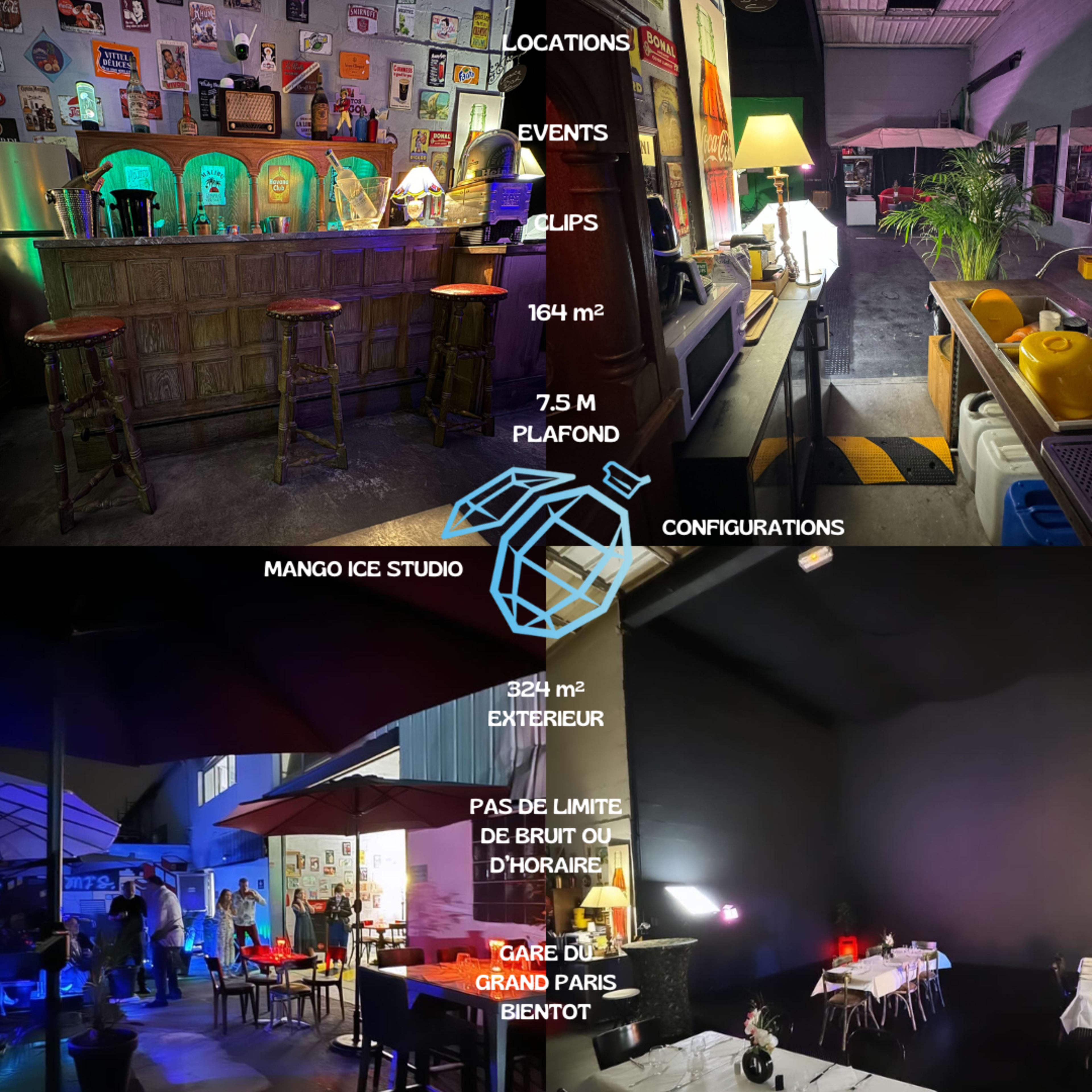 A split view of a venue with a bar area on the top and a creative studio space on the bottom, featuring details about its size and features.