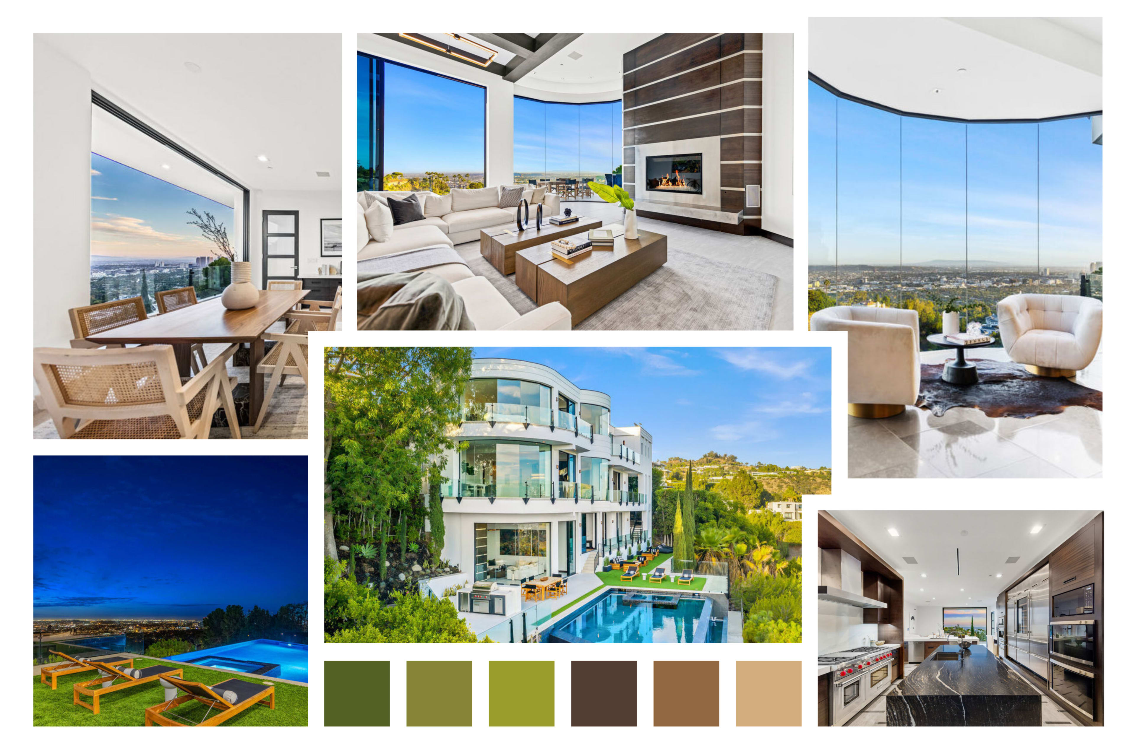 The image showcases a modern luxury home featuring spacious indoor and outdoor living areas, large glass windows with a scenic view, and a well-manicured poolside landscape.