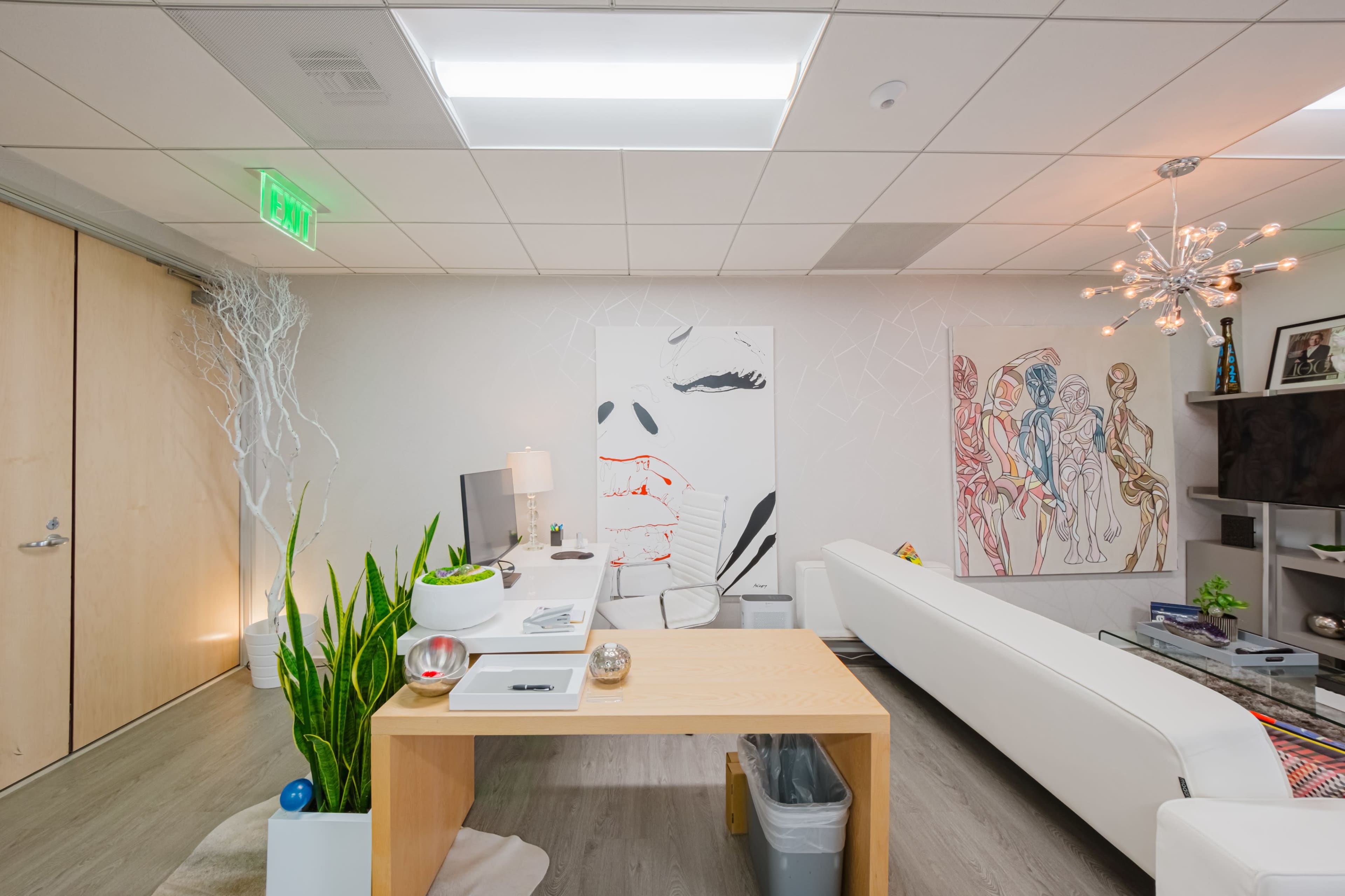 A modern office space with a white couch, a wooden desk, an artwork on the wall, and decorative plants.