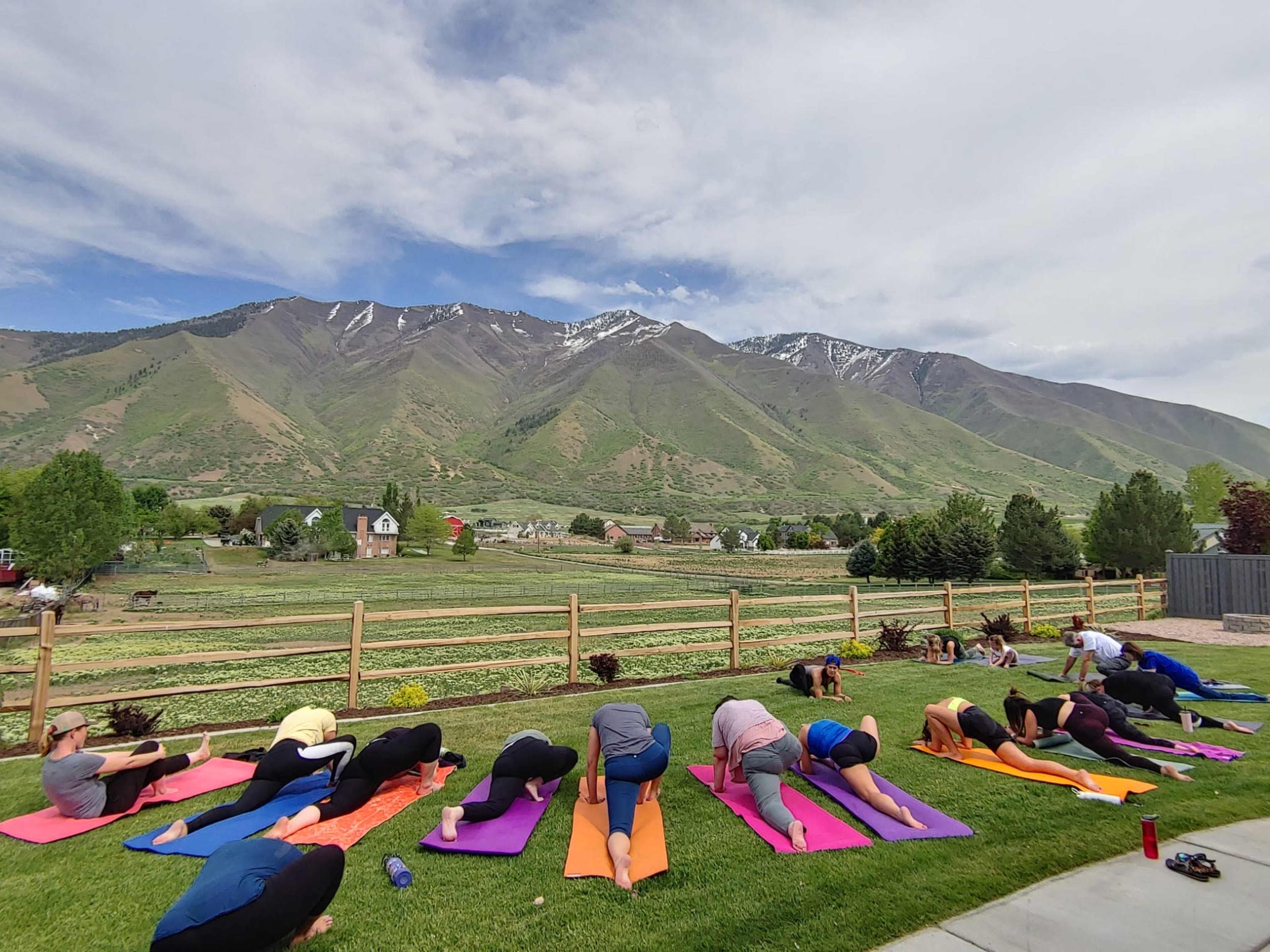 A group of people practice yoga on colorful mats in a grassy area with mountains in the background.