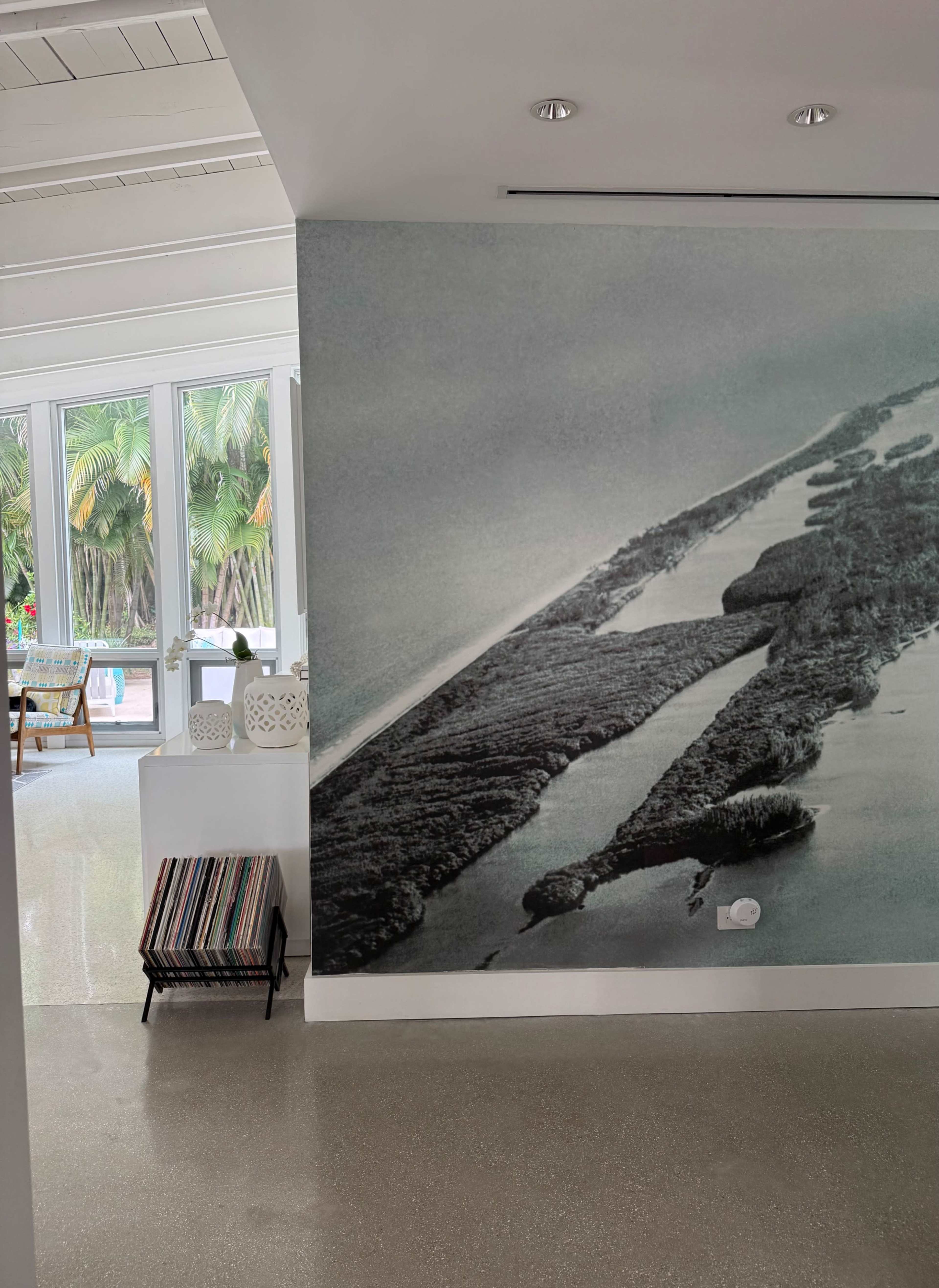 The image captures a modern interior space featuring a large, monochromatic mural of a coastal landscape, with an area filled with natural light and visible furniture in the background.