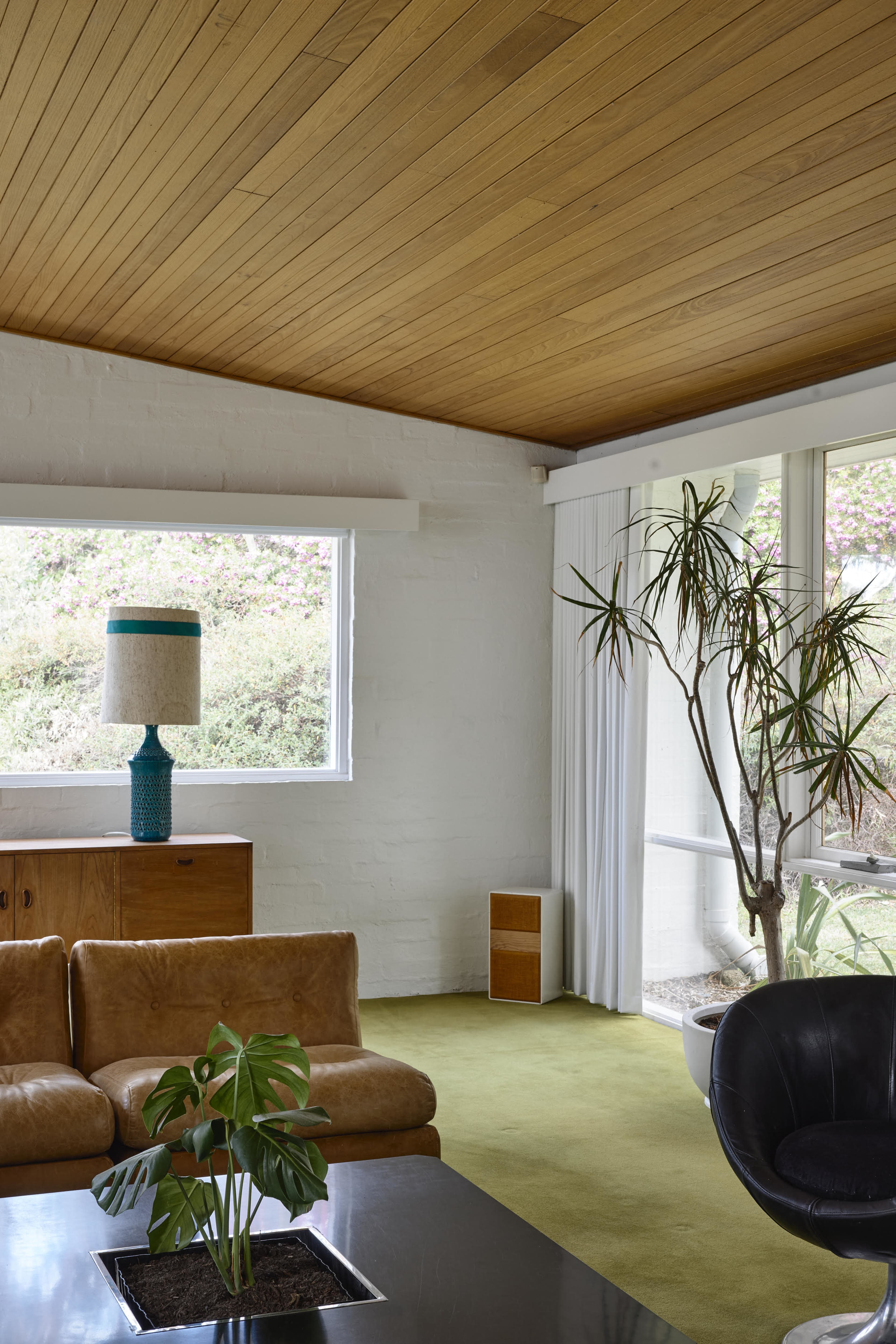 The image shows a modern living room with a leather sofa, a black chair, a coffee table with a plant, and large windows allowing natural light.