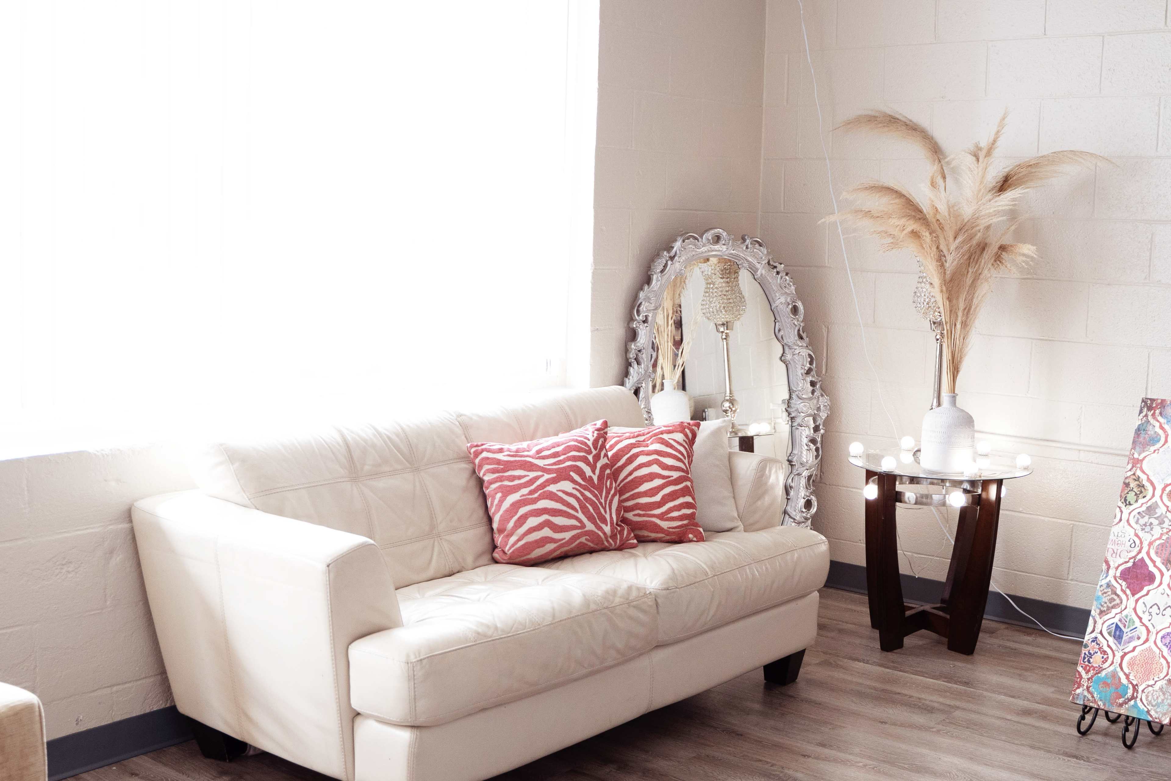 The scene features a white sofa with pink patterned pillows, a decorative mirror, and a small table with a vase of pampas grass against a light-colored wall.