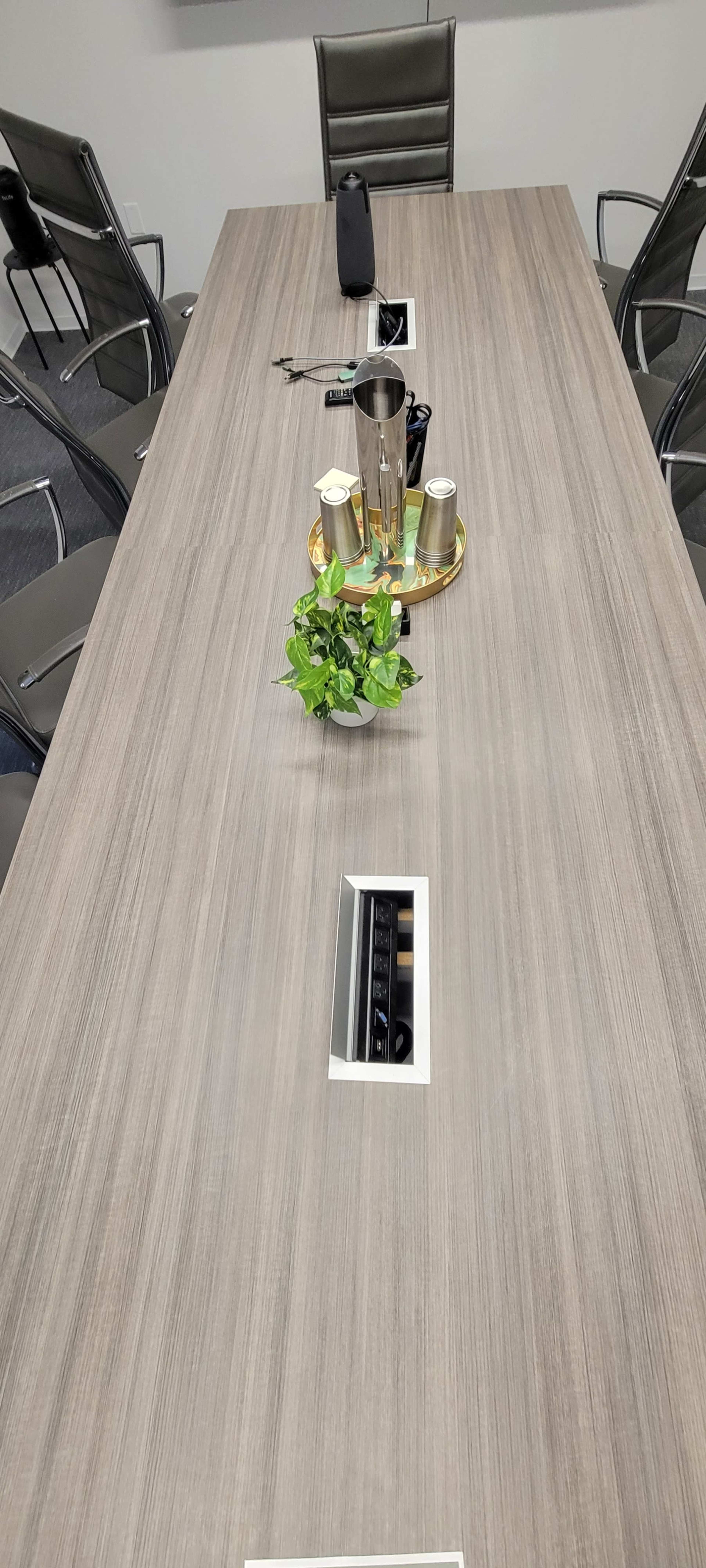 A long conference table with a centerpiece plant, a tray of cups, and various office supplies is set in a meeting room.