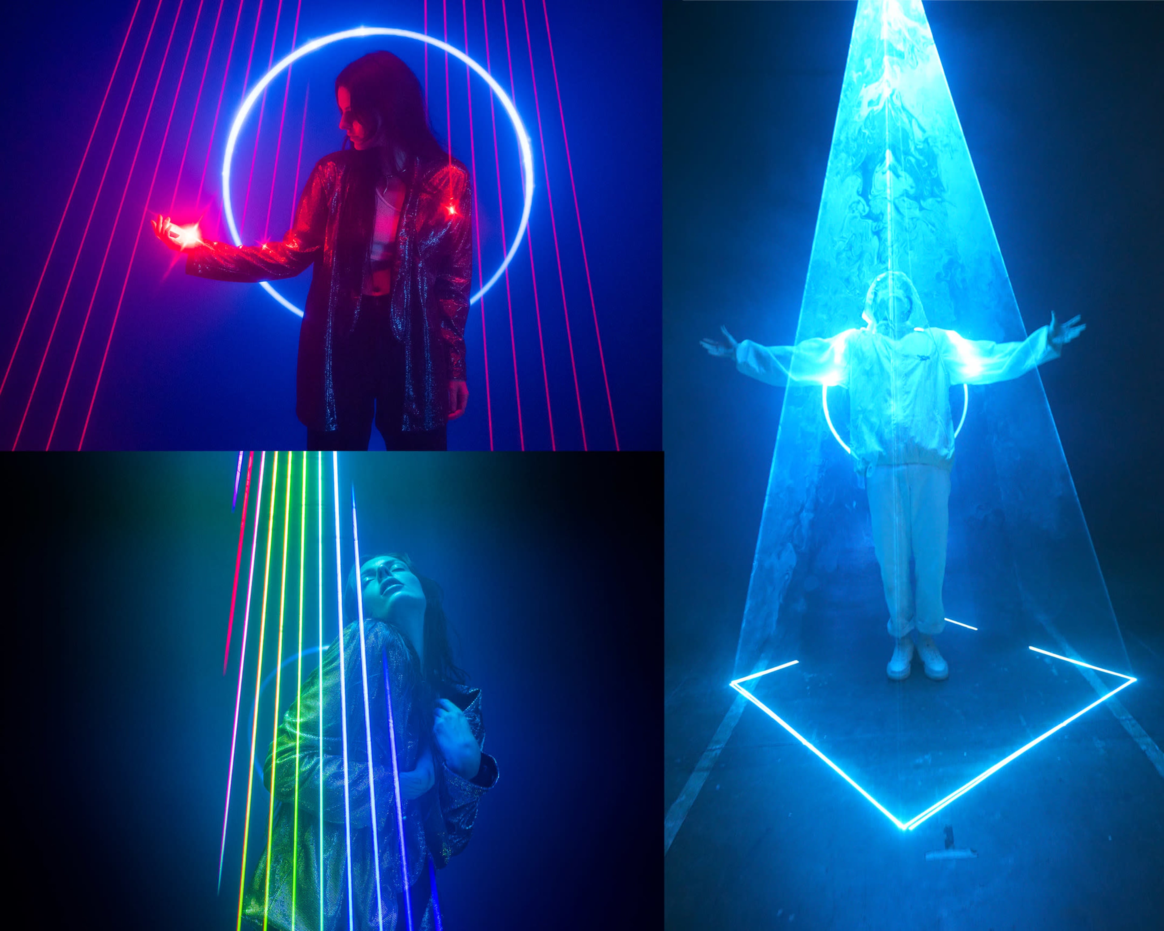 Three scenes featuring individuals illuminated by vibrant neon lights and geometric shapes.