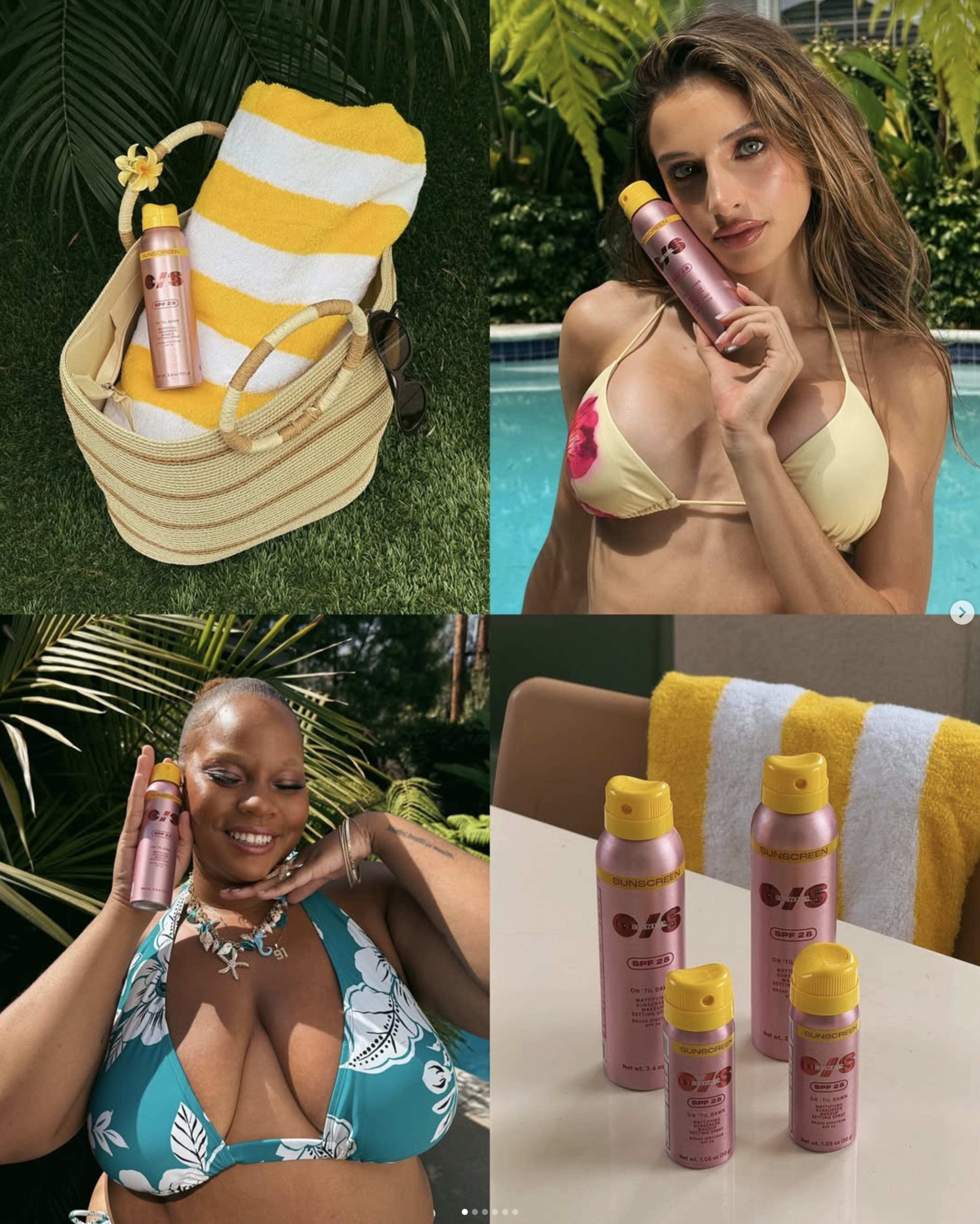The image features a collage of four photos showcasing different individuals posing with a pink spray bottle near a pool, alongside towels and beach items.