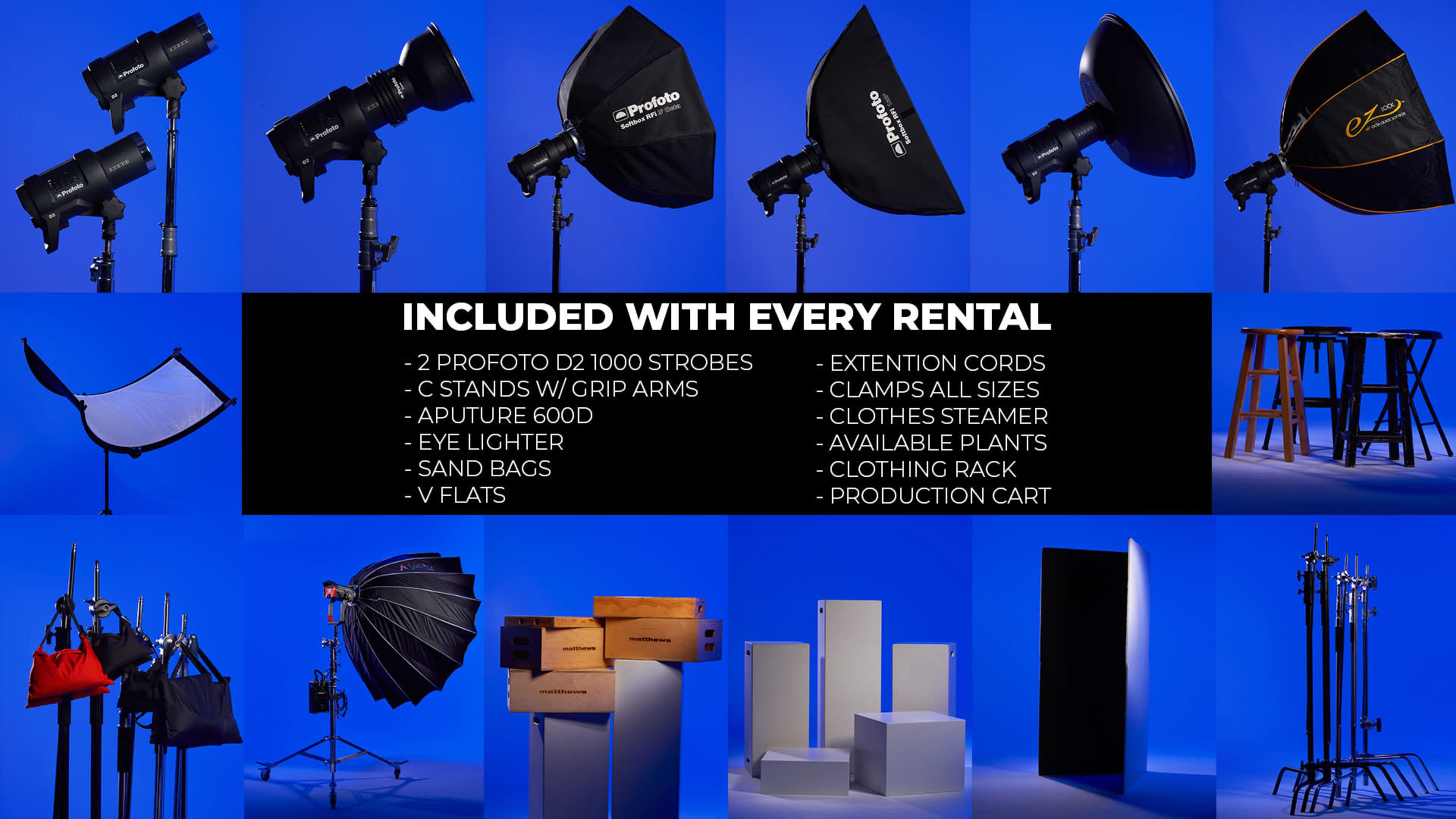 The image features a collection of photography equipment for rent, including strobes, C-stands, an eye light, a clothing rack, and various accessories, all set against a blue background.