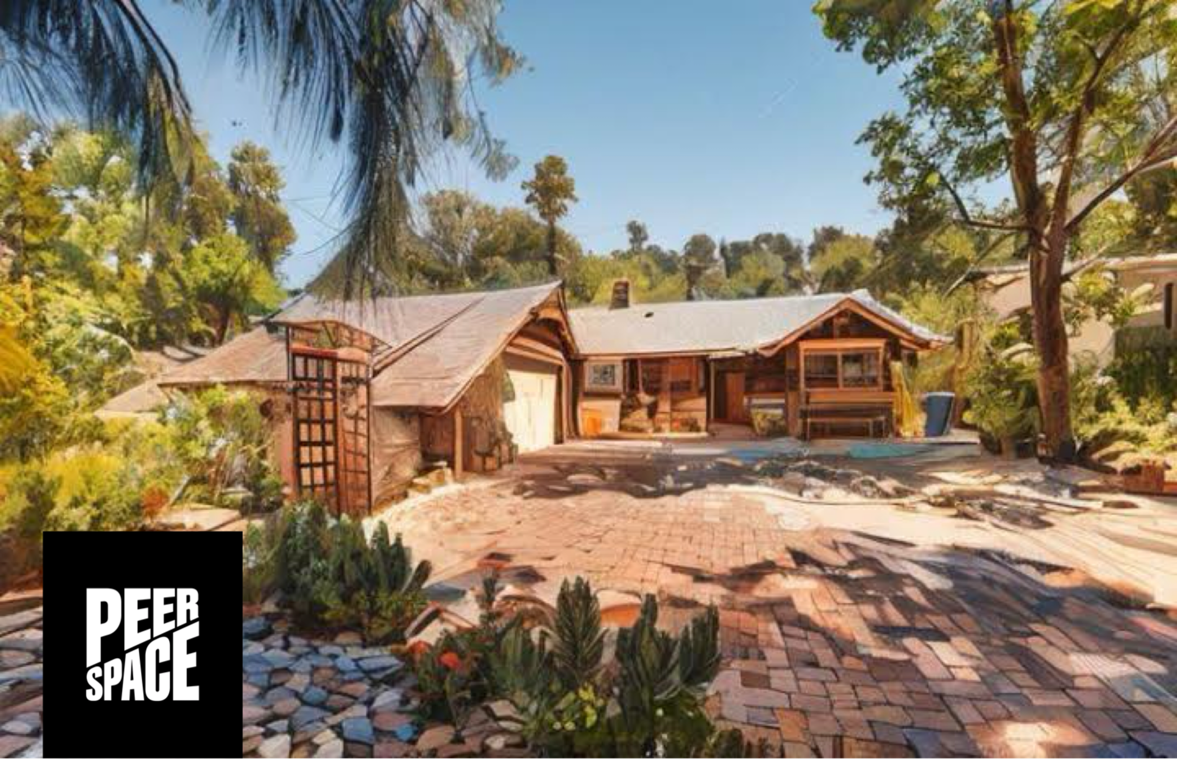 A charming, rustic house surrounded by lush greenery and a paved stone pathway.