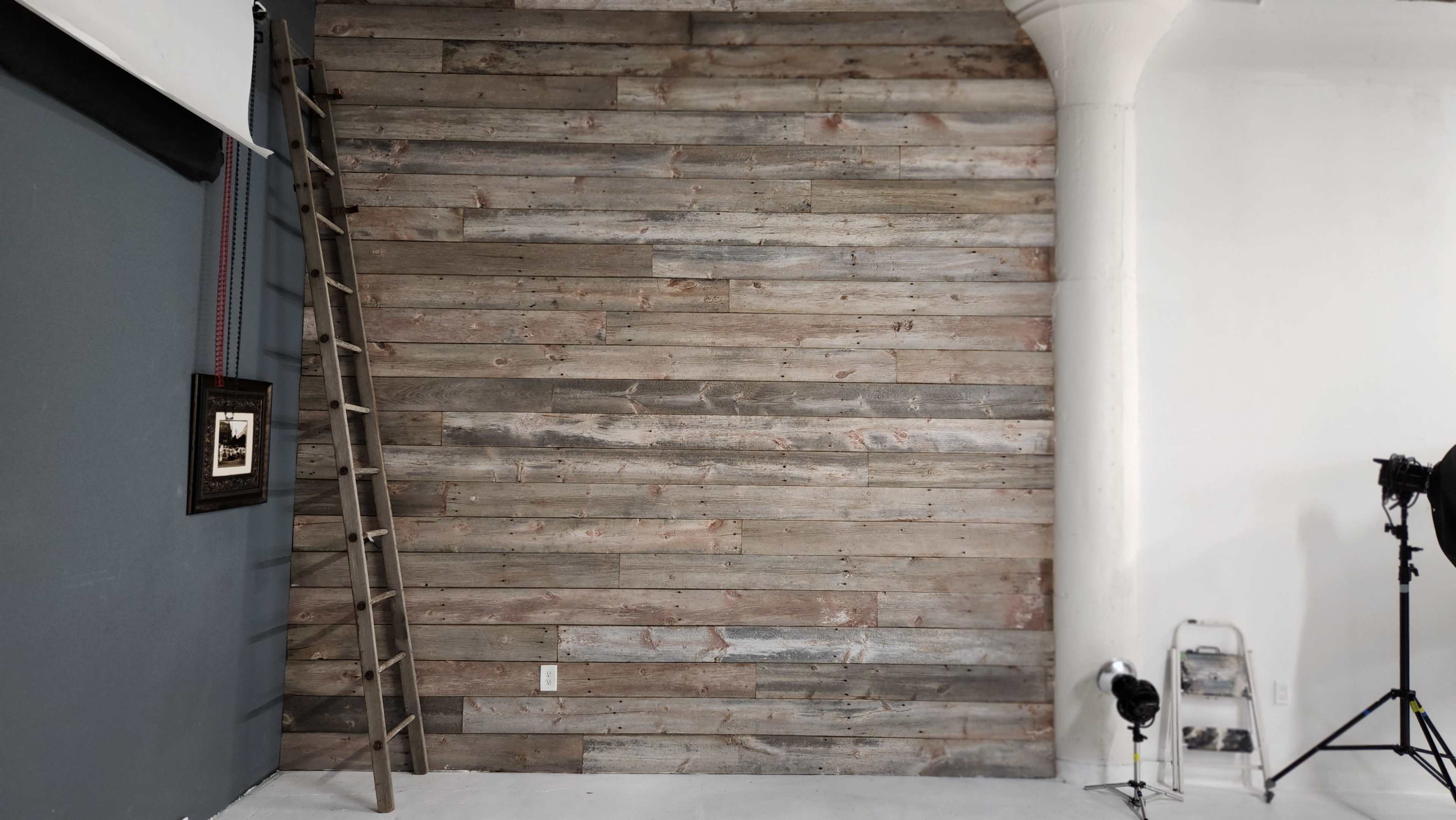 The scene features a wooden wall made of stacked planks, a leaning ladder on the left, and a photography light on the floor to the right.