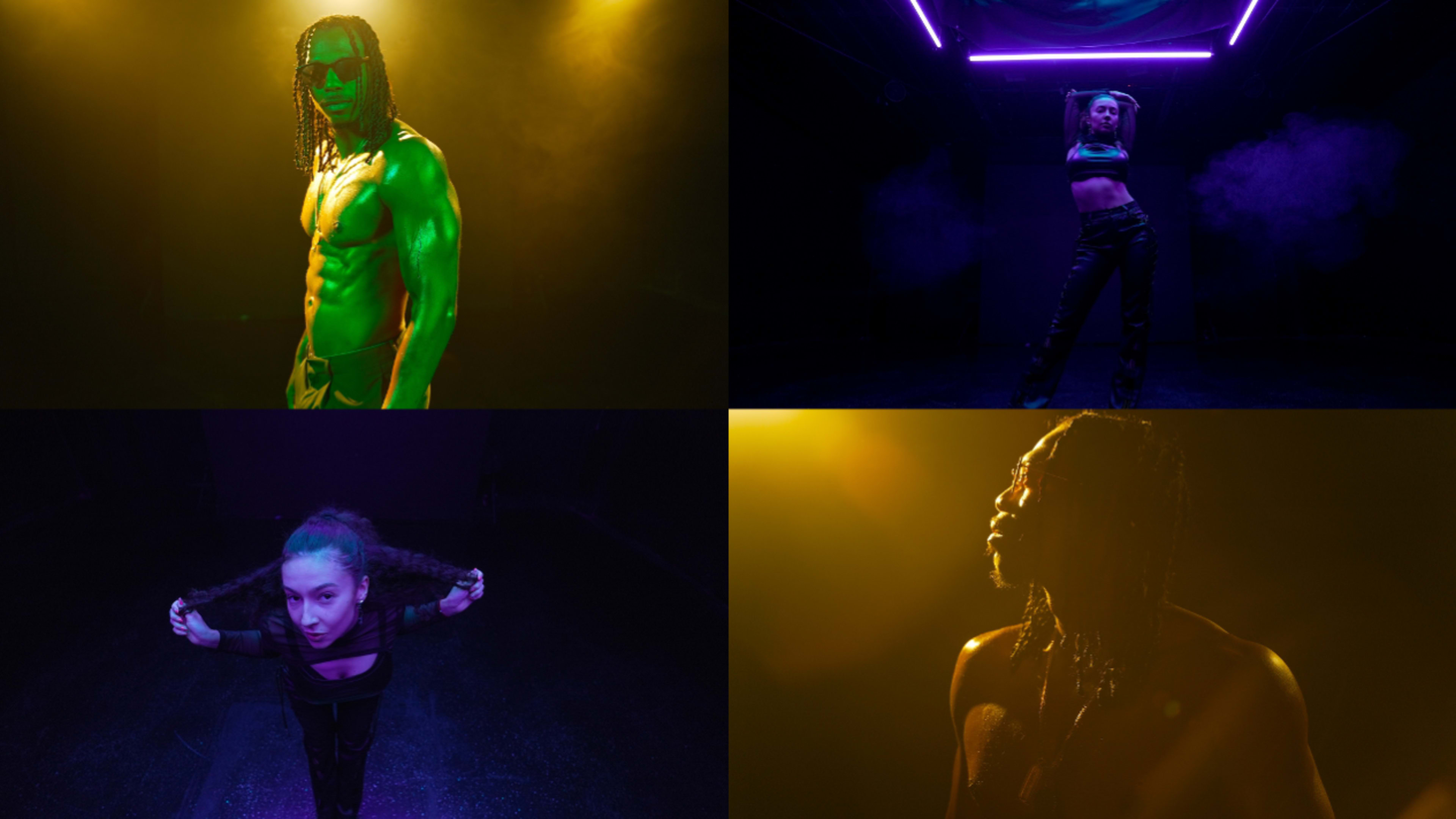 Four distinct scenes of individuals posing under dramatic lighting in a dark setting.