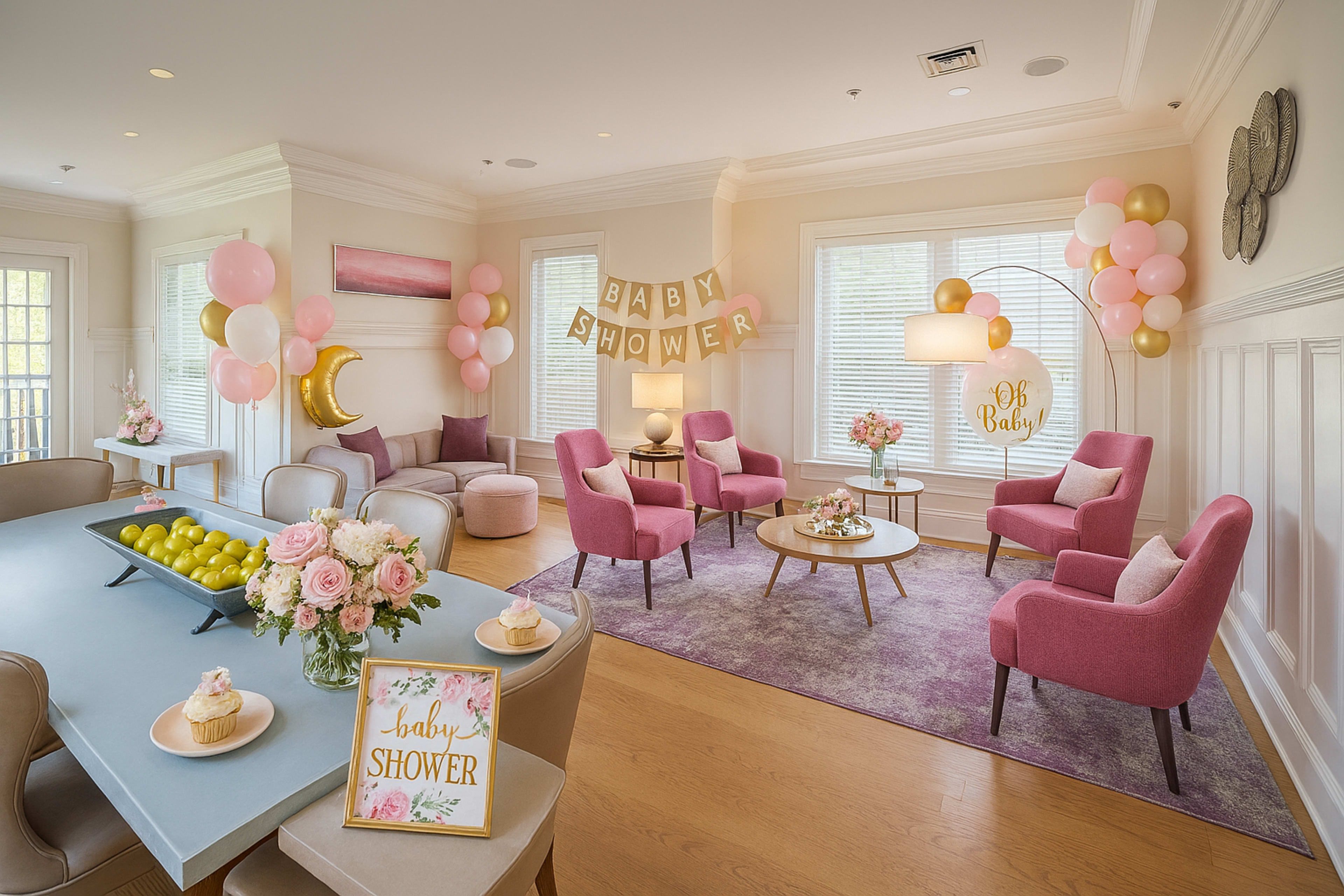 The image depicts a beautifully decorated baby shower ambiance, featuring pink chairs, balloons, a floral centerpiece, and a sign that reads "Baby Shower."
