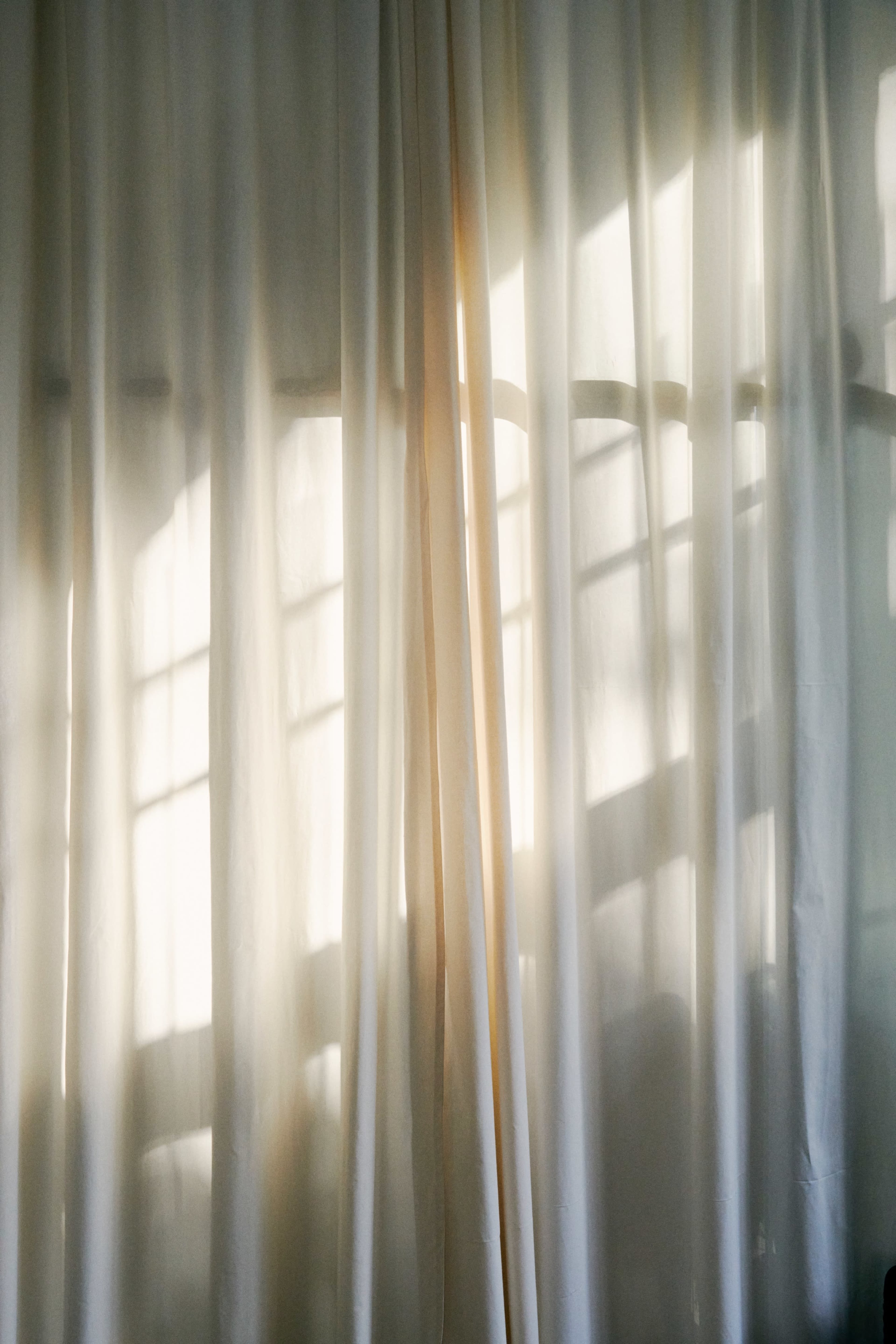 Sunlight filters through sheer curtains, creating patterns of light and shadow on the wall.