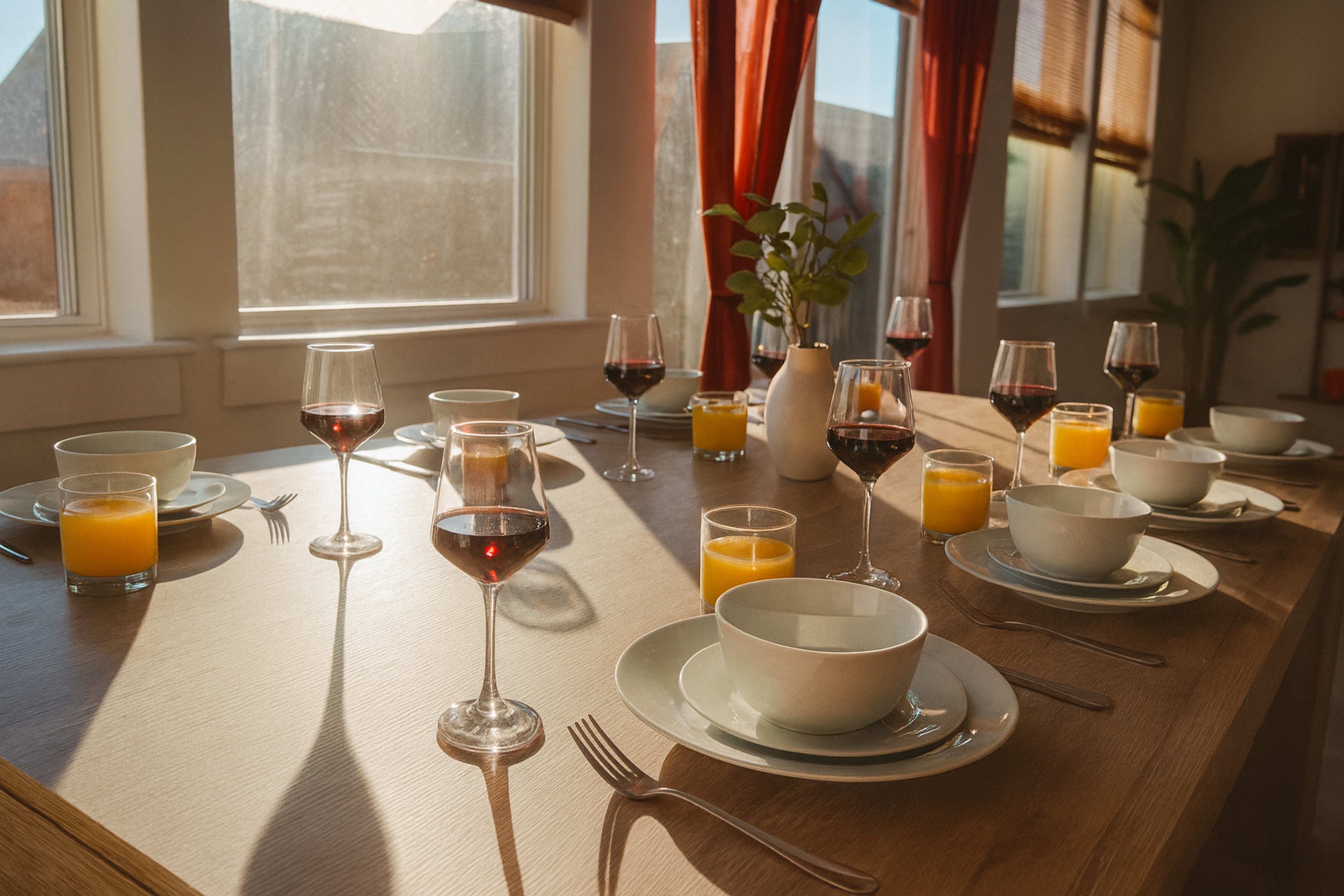 A long wooden dining table is set with plates, glasses of red and orange beverages, and a vase with greenery, illuminated by sunlight streaming through large windows.