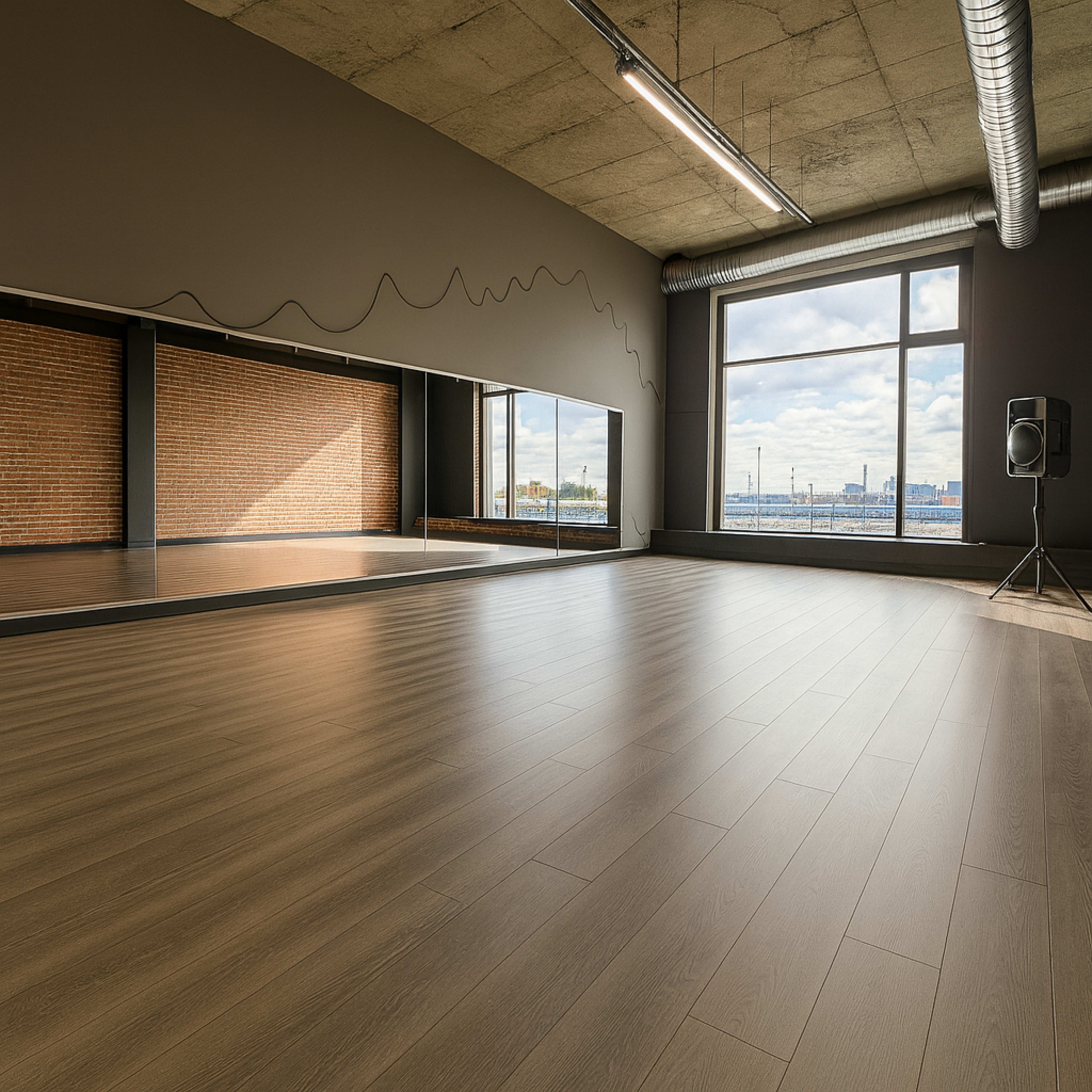 The image shows a spacious dance studio with wooden flooring, large mirrors, and a window overlooking a waterfront cityscape.