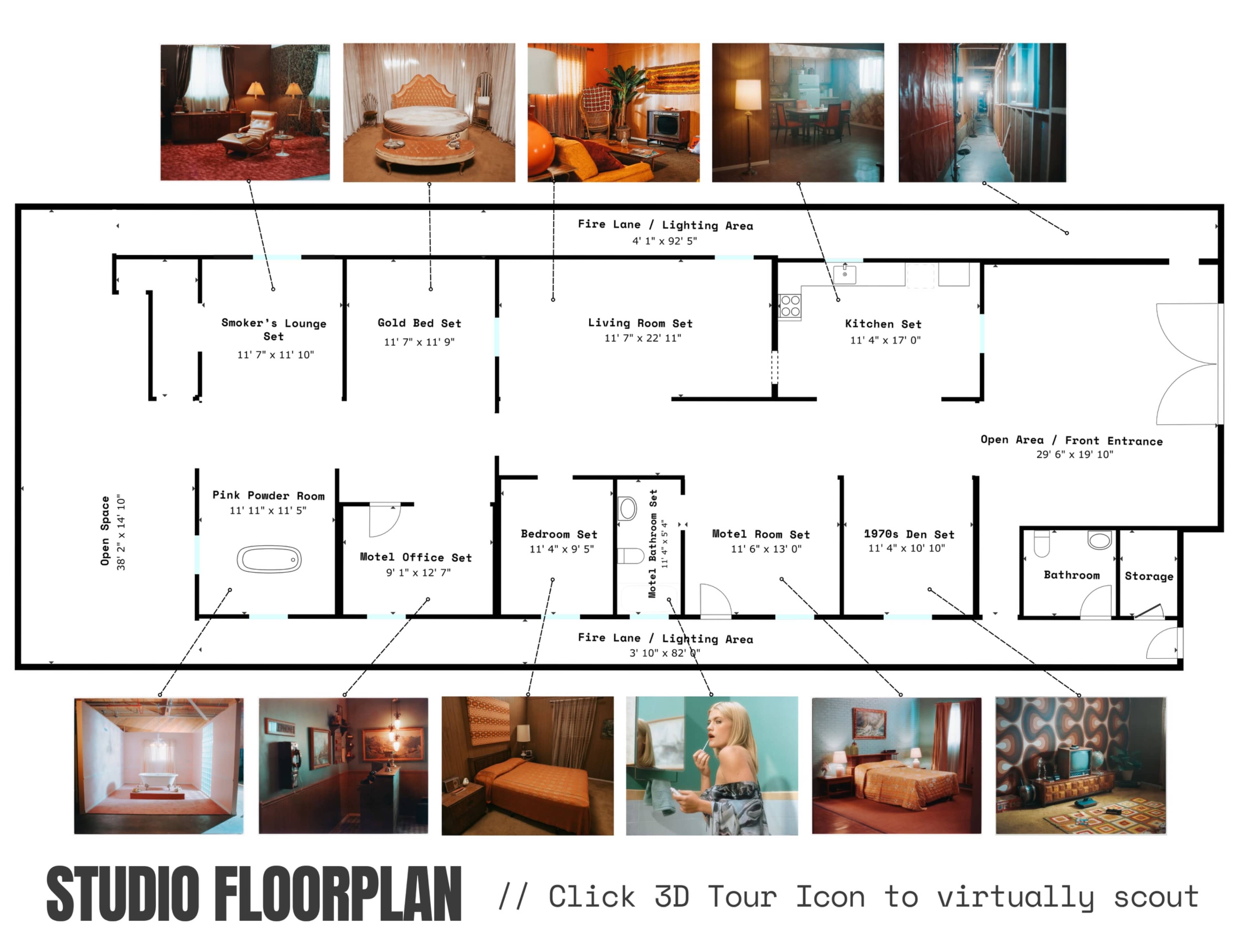 The image depicts a studio floor plan with labeled areas such as a smoker's lounge, gold bed room, living room, kitchen, and more, along with thumbnail images showcasing each space.