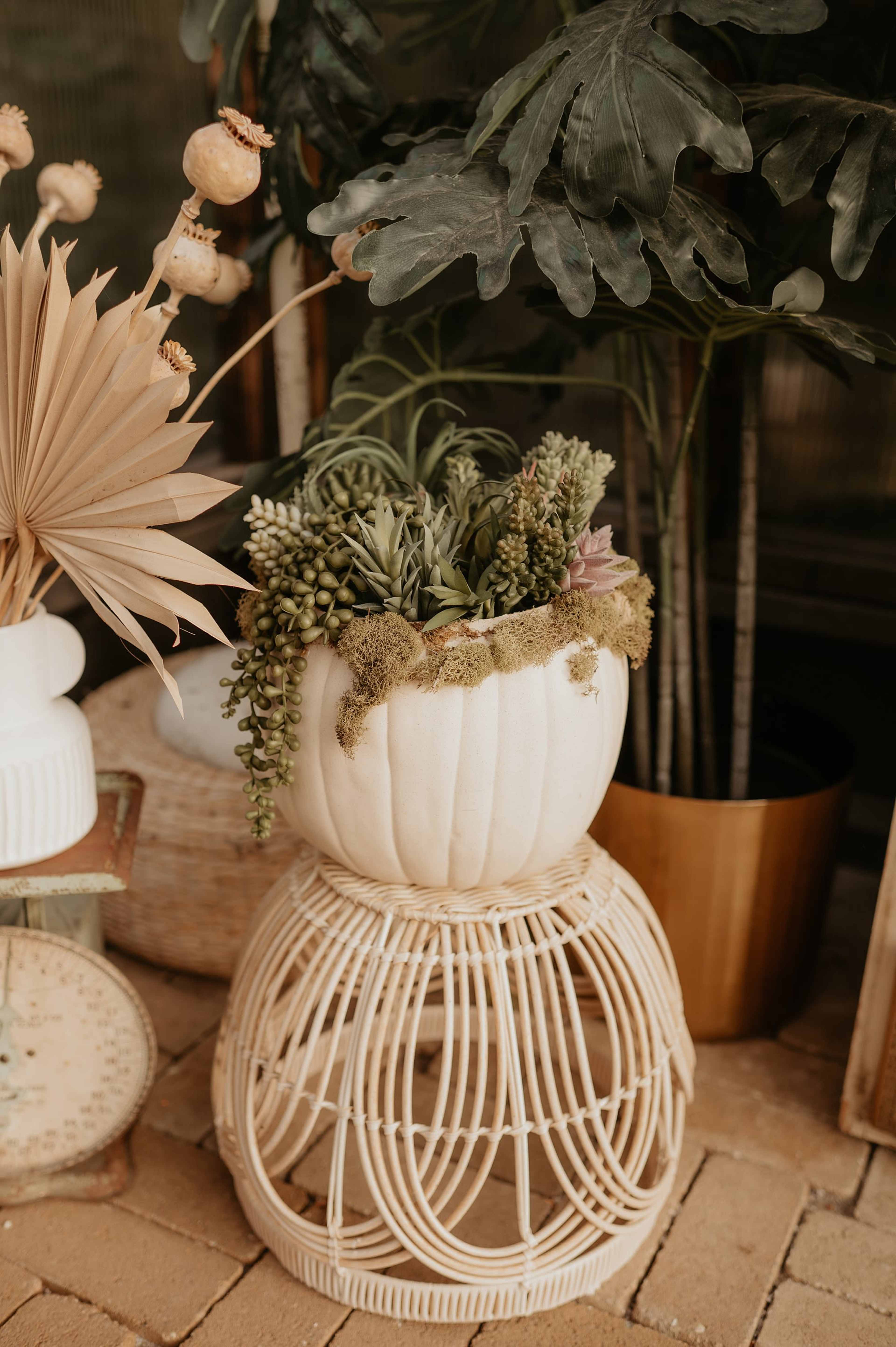 A white pumpkin planter filled with succulents sits atop a woven rattan stand, surrounded by greenery and decorative items.
