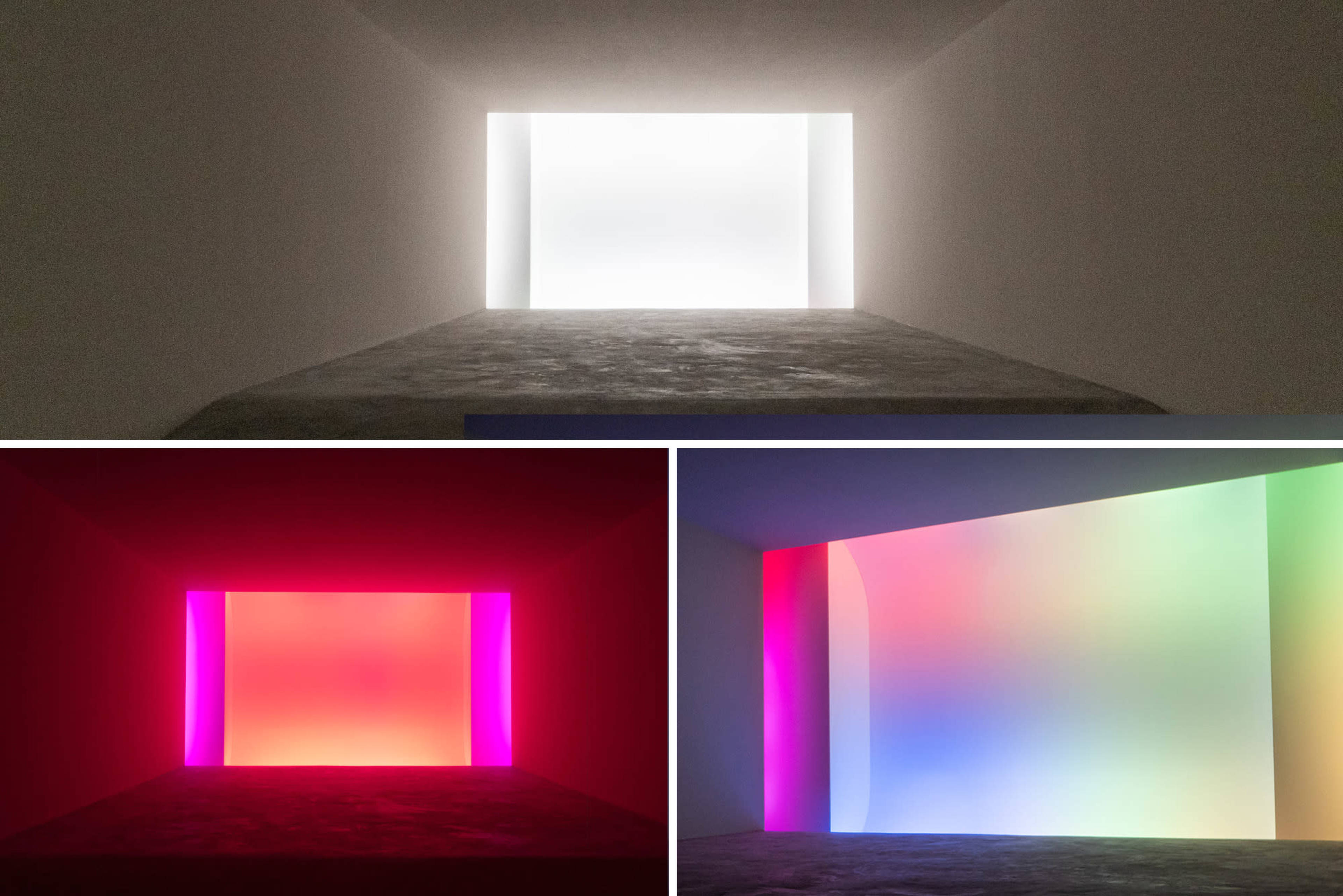 Three differently illuminated architectural spaces, featuring a white light square, a red-lit square, and a multicolored gradient wall in a minimalistic setting.