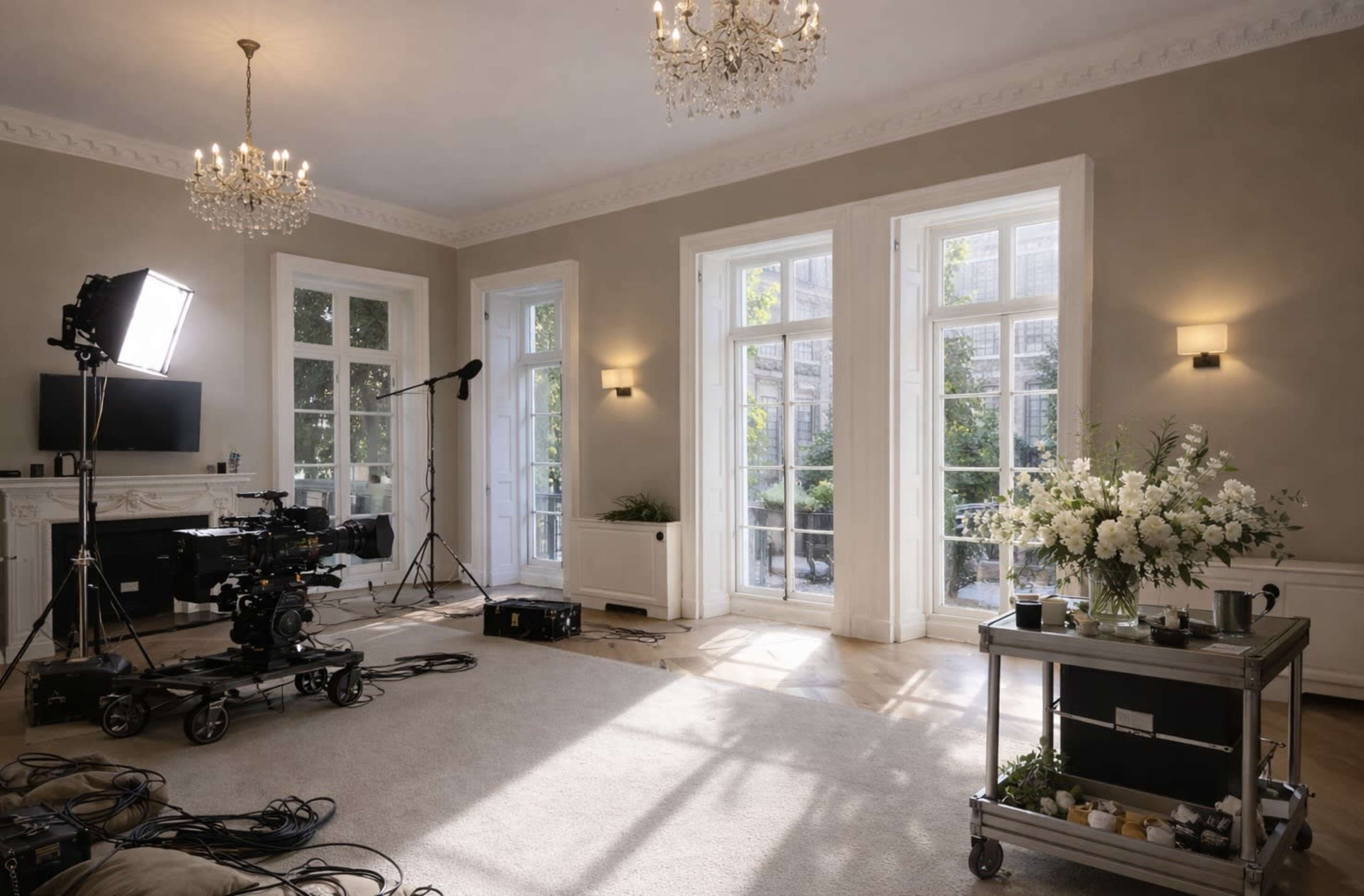 A spacious room with large windows, a camera setup on wheels, and a cart with flowers, illuminated by overhead chandeliers.