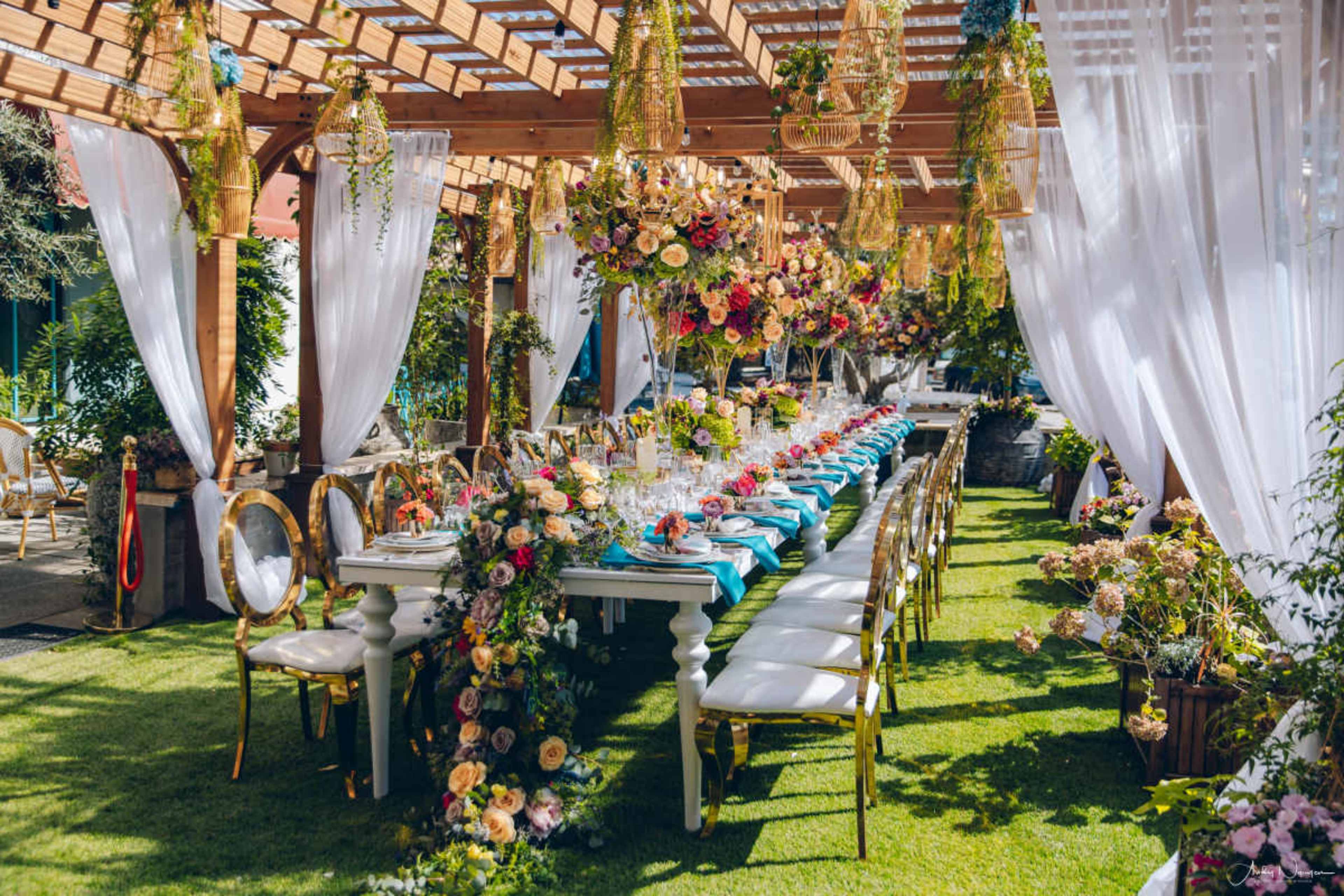 A long outdoor dining table is beautifully decorated with flowers and table settings under a wooden pergola draped with white fabric.