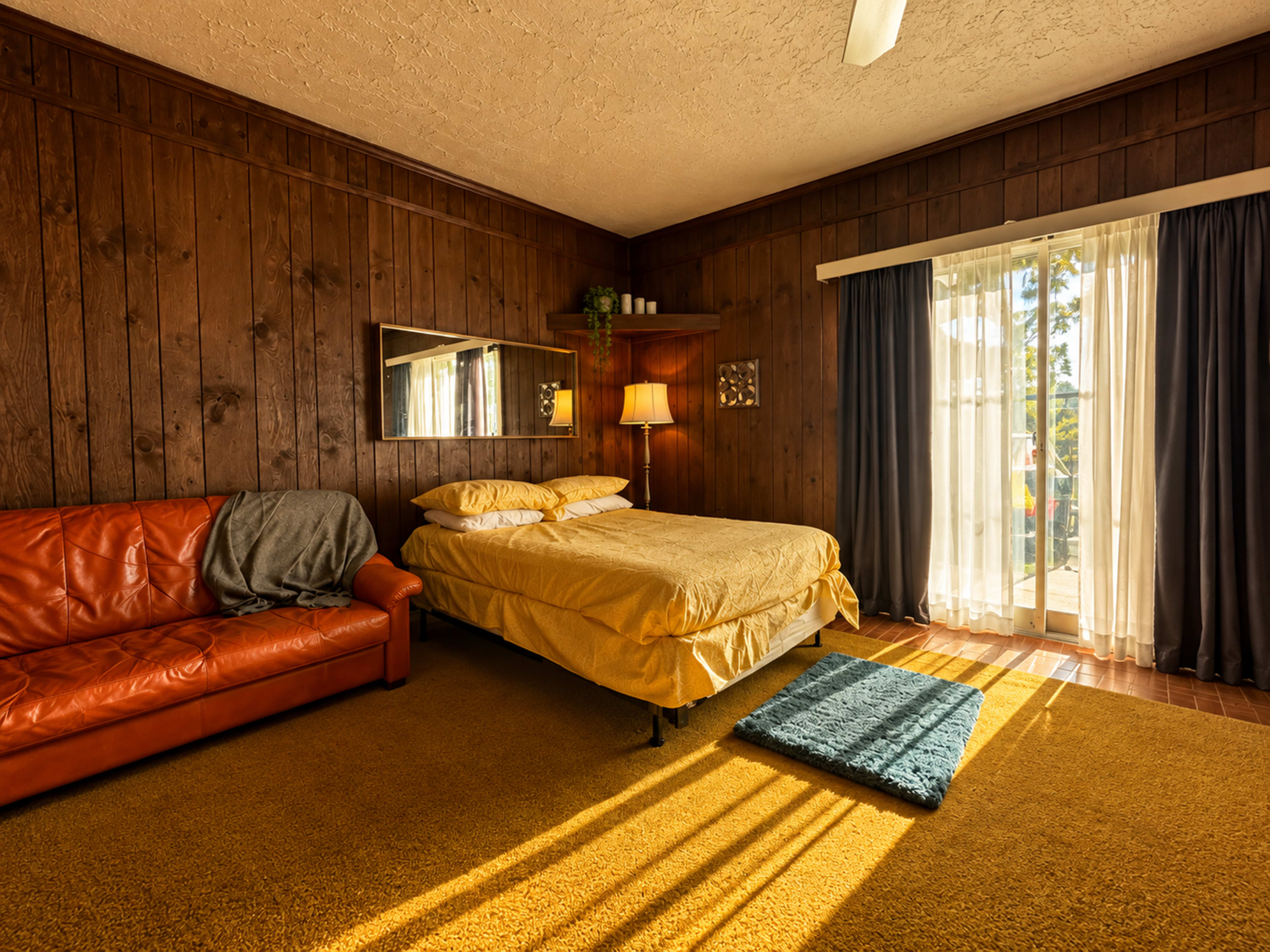 The image shows a cozy bedroom with wooden walls, a bed with yellow bedding, a brown leather sofa, and large windows covered with dark curtains.
