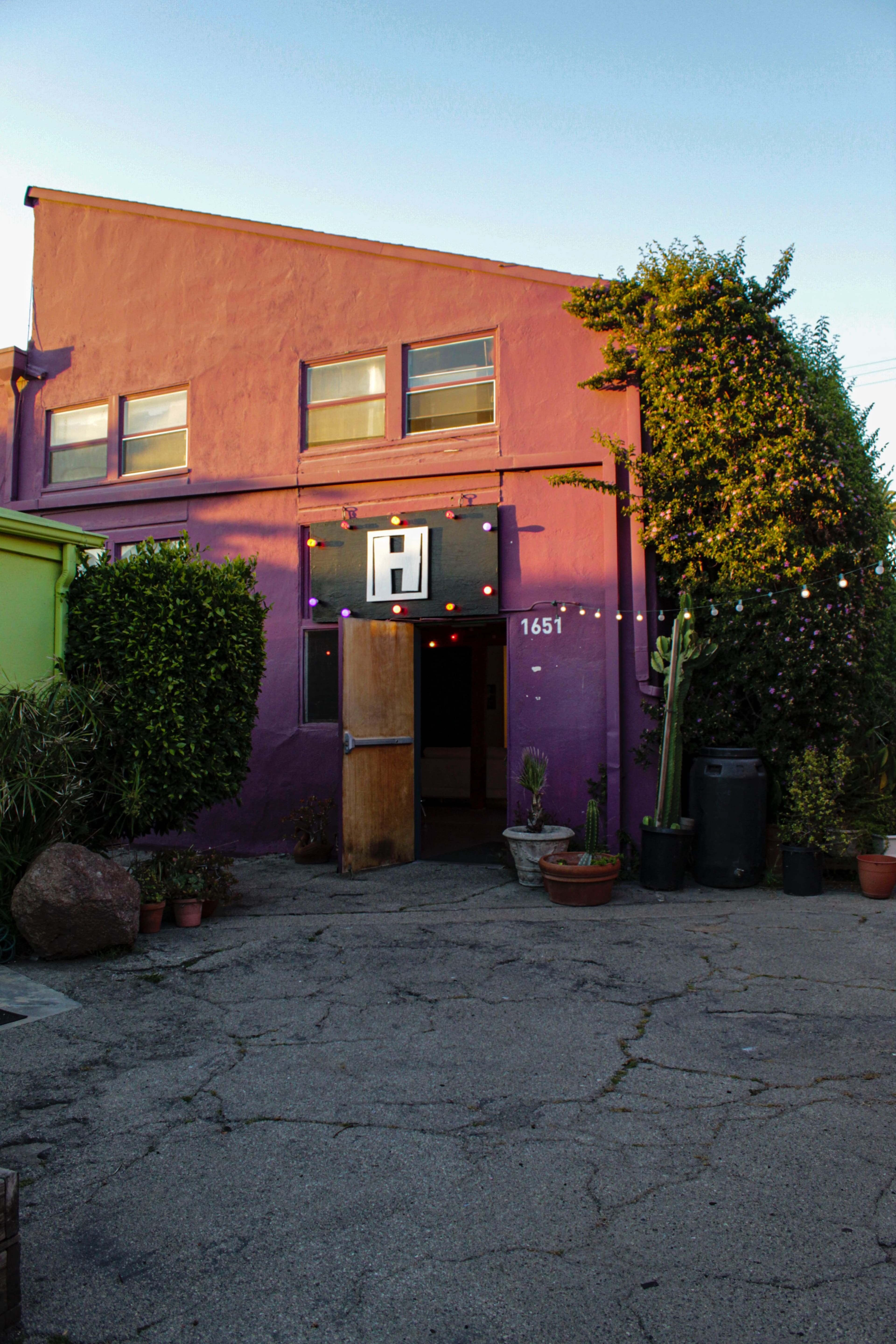A vibrant purple building with an open door is surrounded by potted plants and string lights, located at 1651.