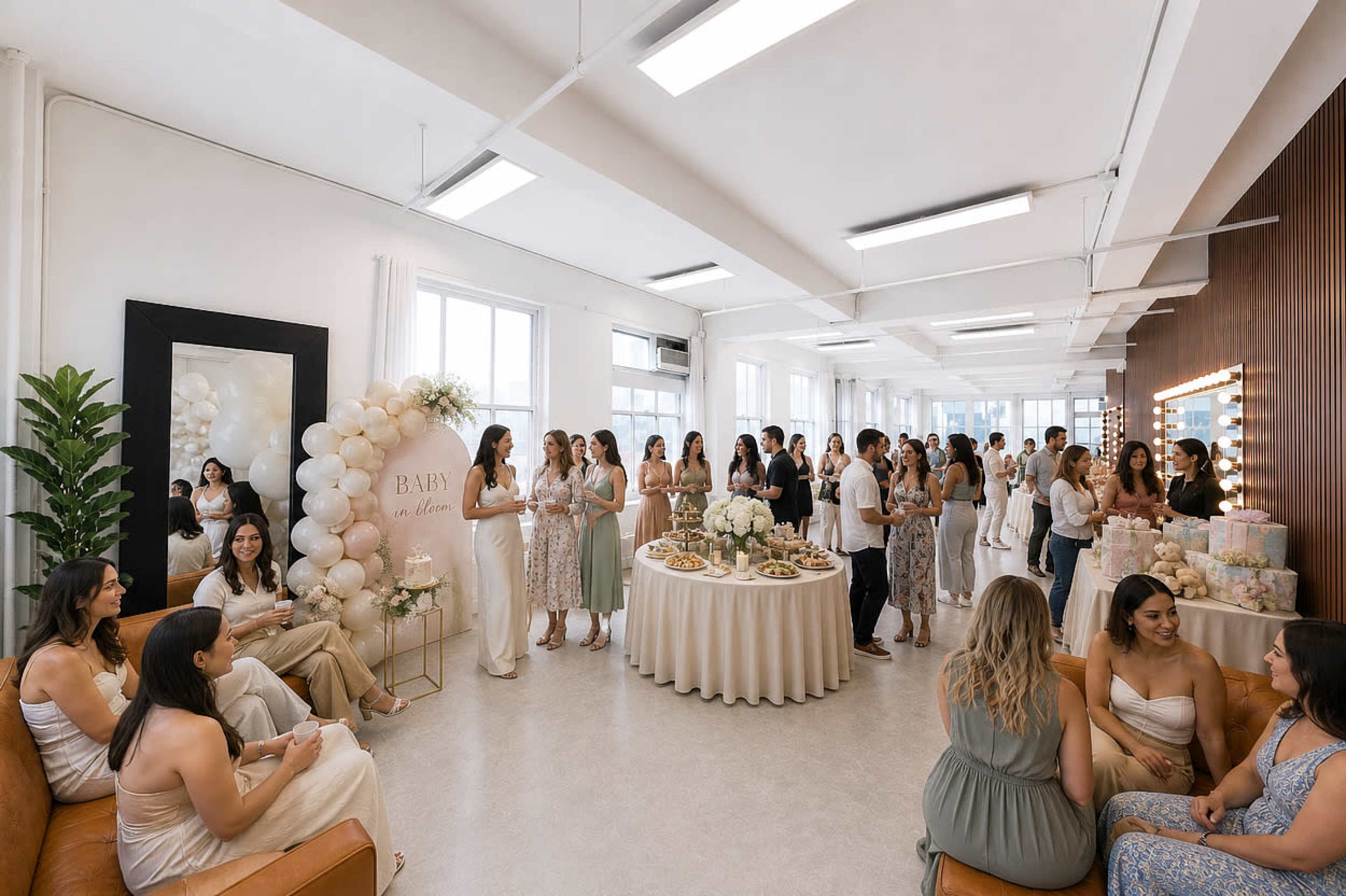The image shows a large room filled with people enjoying a baby shower, with a buffet table decorated with floral arrangements and balloons on one side.