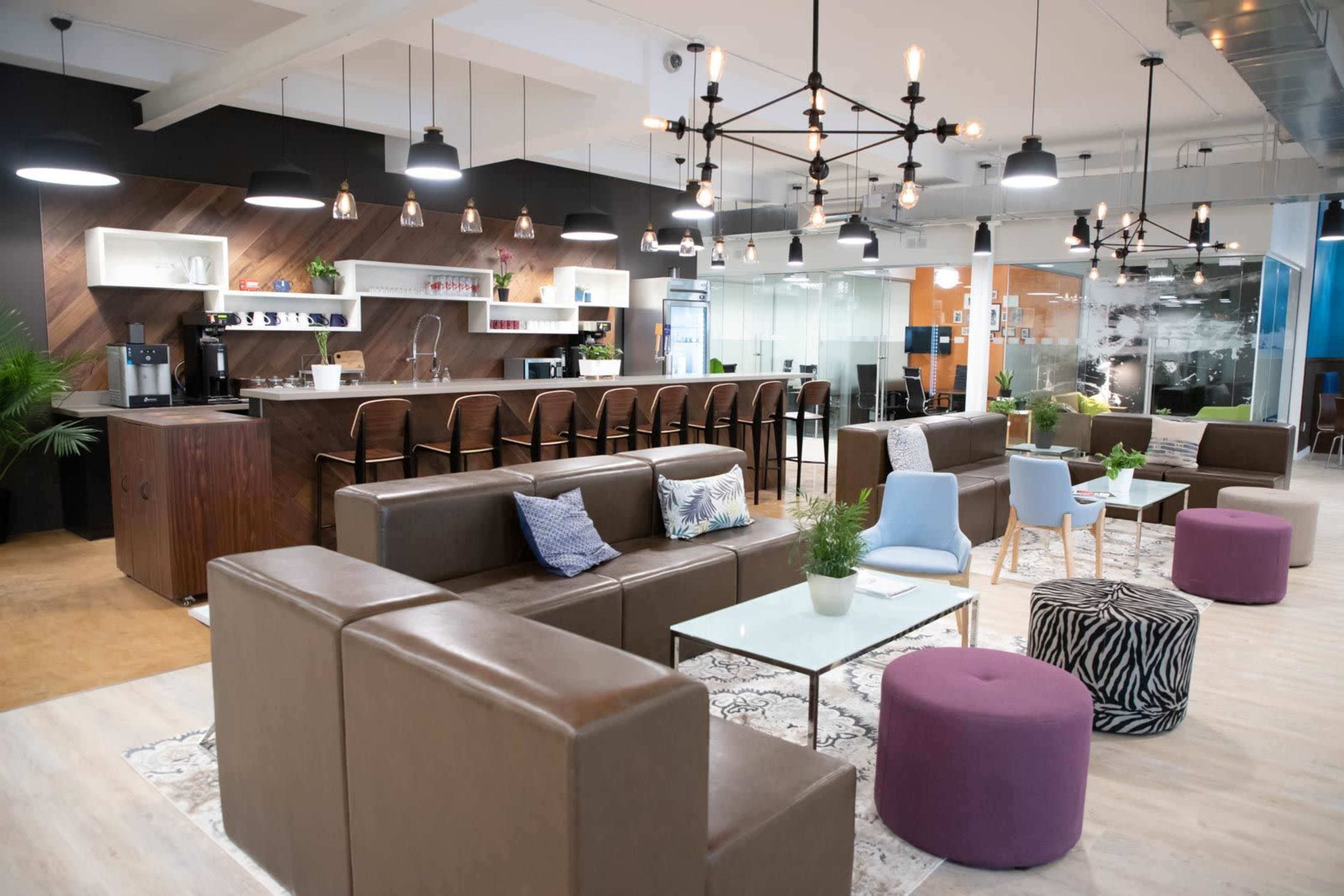 A modern office lounge area with a seating arrangement, a coffee bar, and various decorative plants.