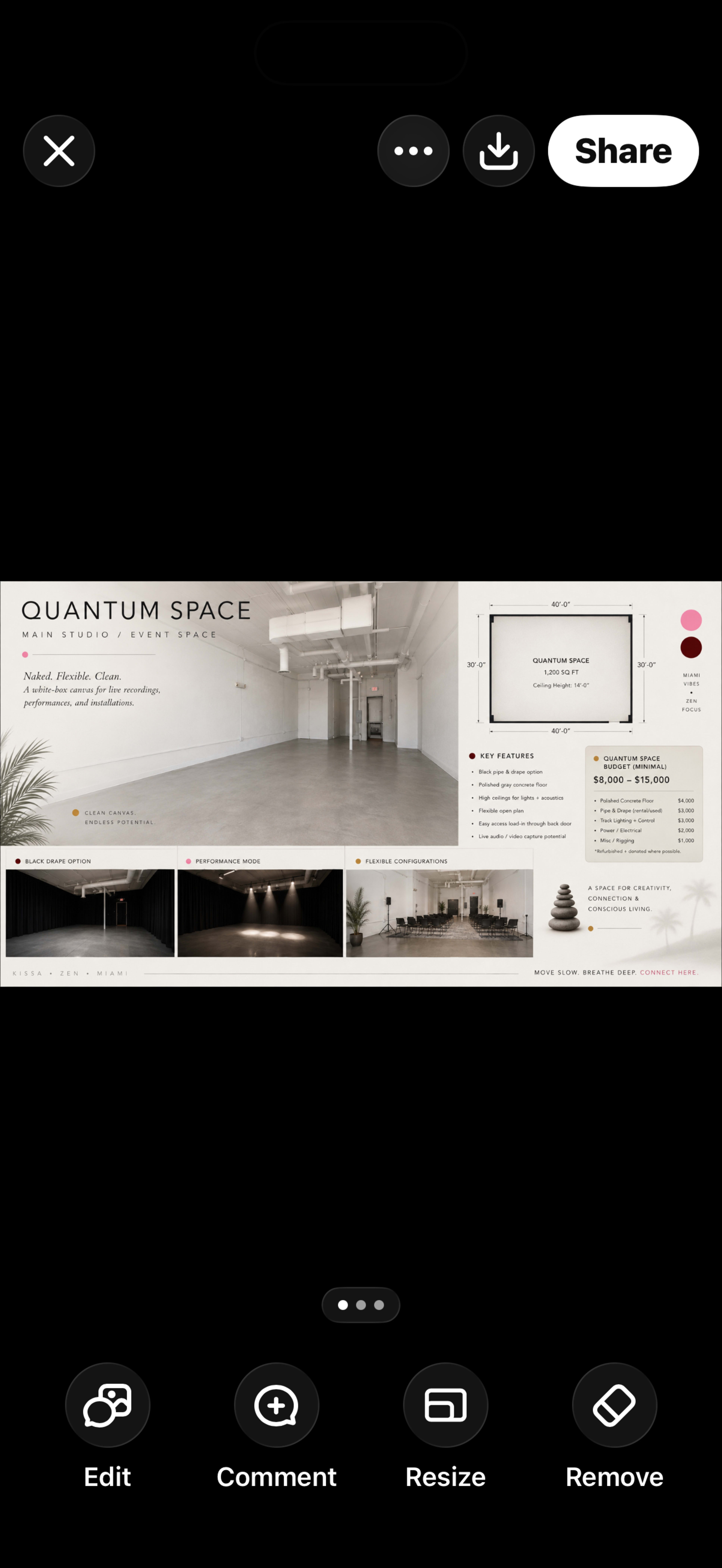 The image displays a modern event space called "Quantum Space," featuring a bright interior with minimalist design and a detailed layout, including key features and dimensions.