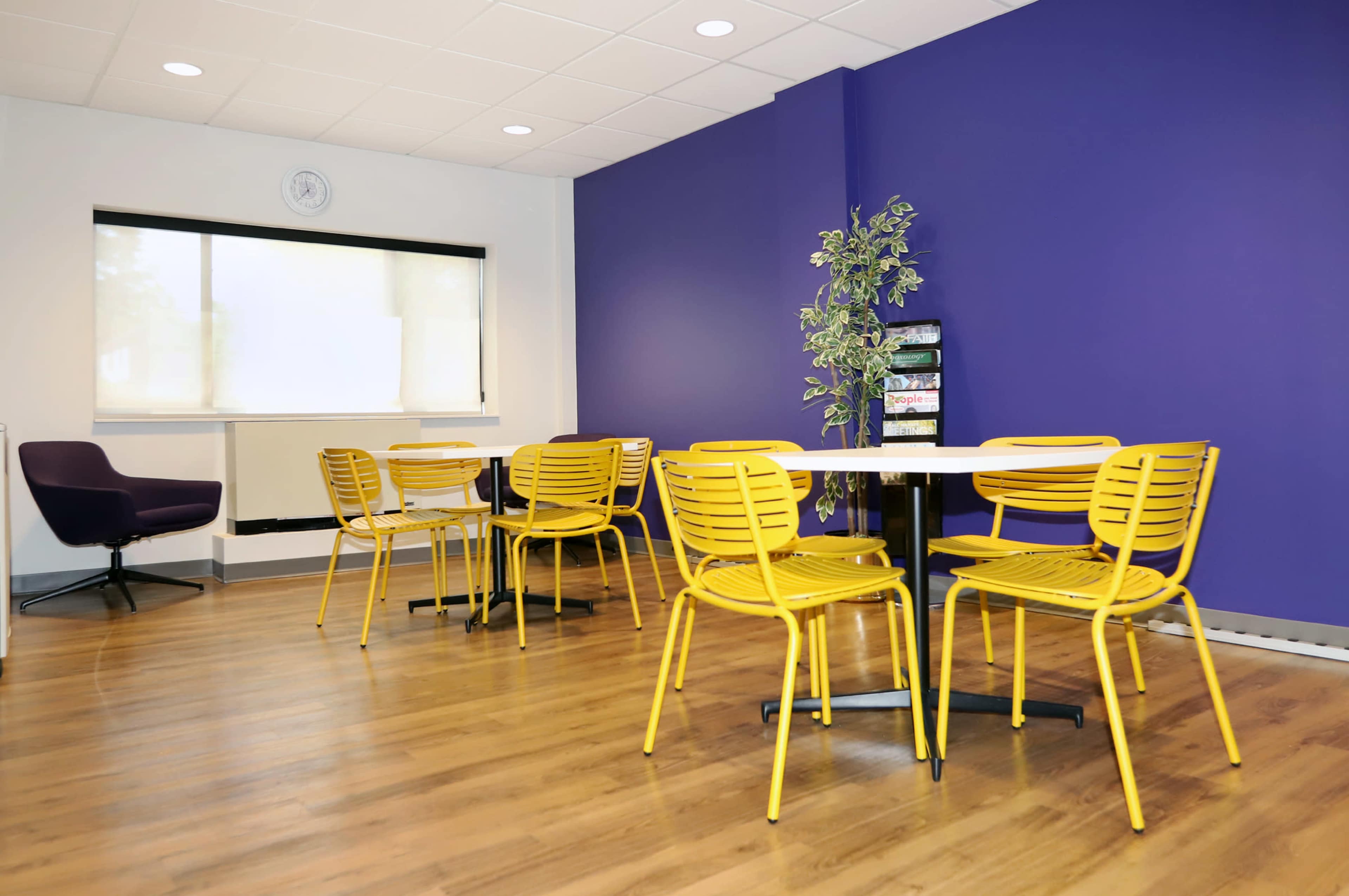 The image shows a modern break room with yellow chairs and tables against a purple wall, featuring a small plant and a window.
