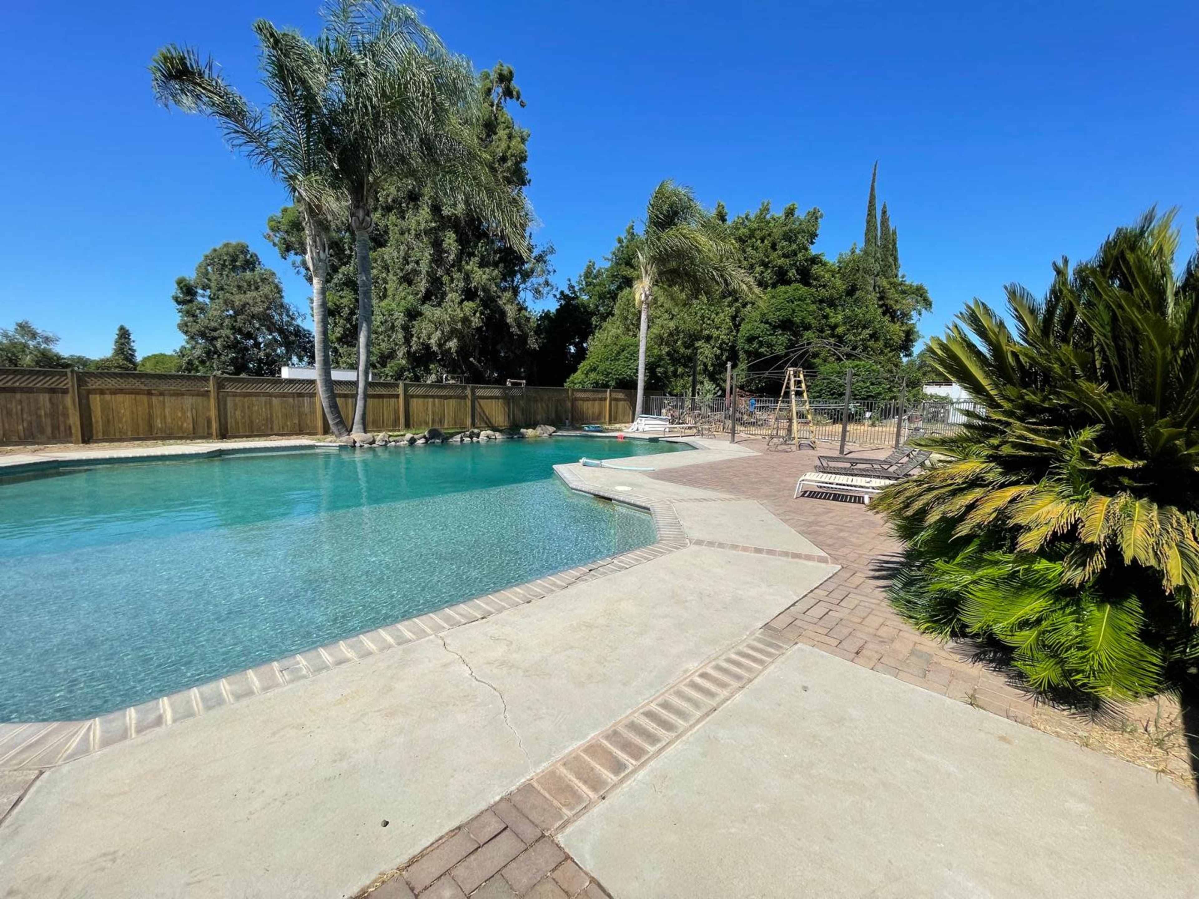 A clear swimming pool surrounded by a stone patio, palm trees, and a fenced yard with a playground in the background.