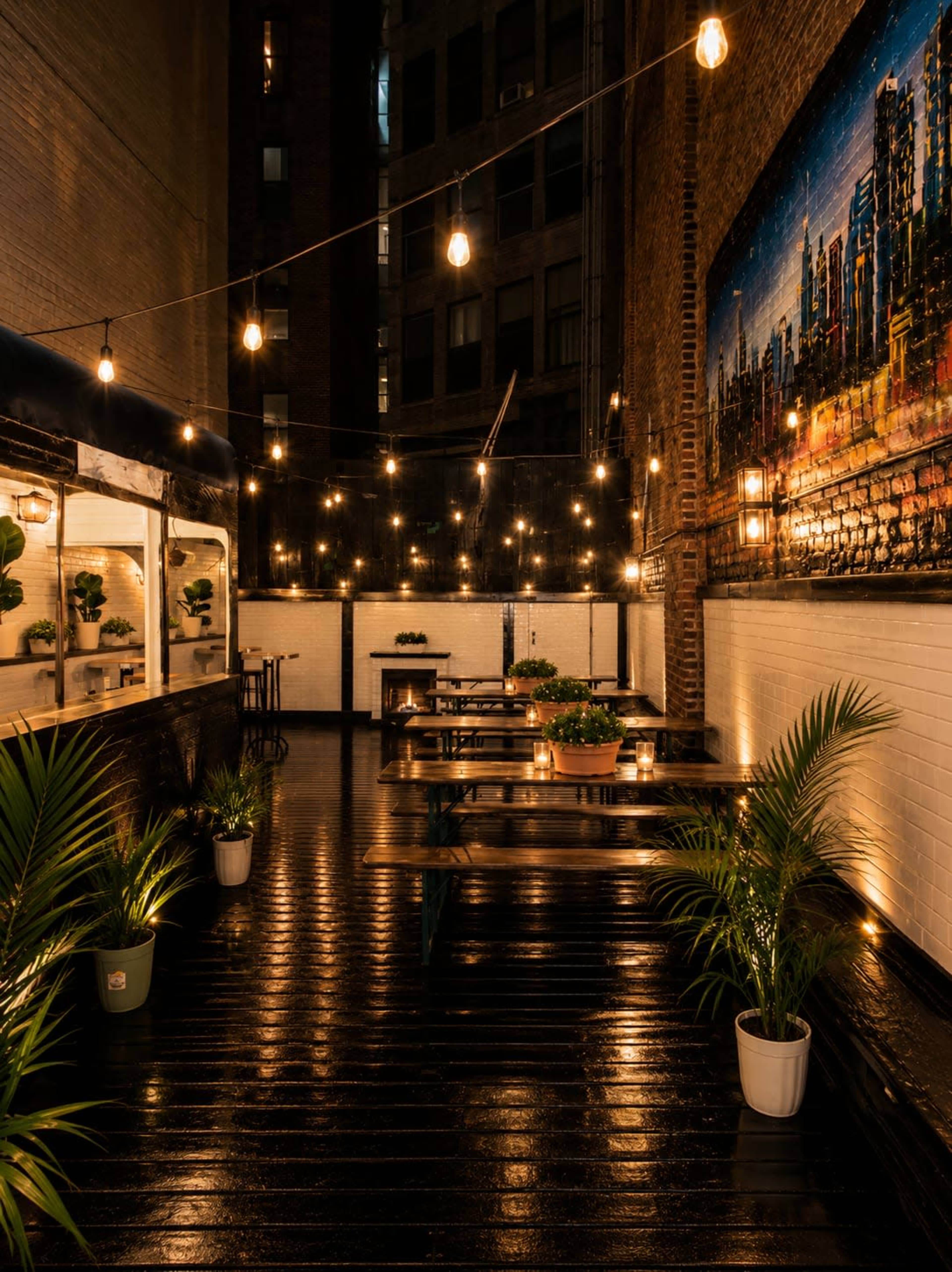The image shows a dimly lit outdoor dining area with wooden tables, string lights overhead, and a mural of a city skyline on one wall.