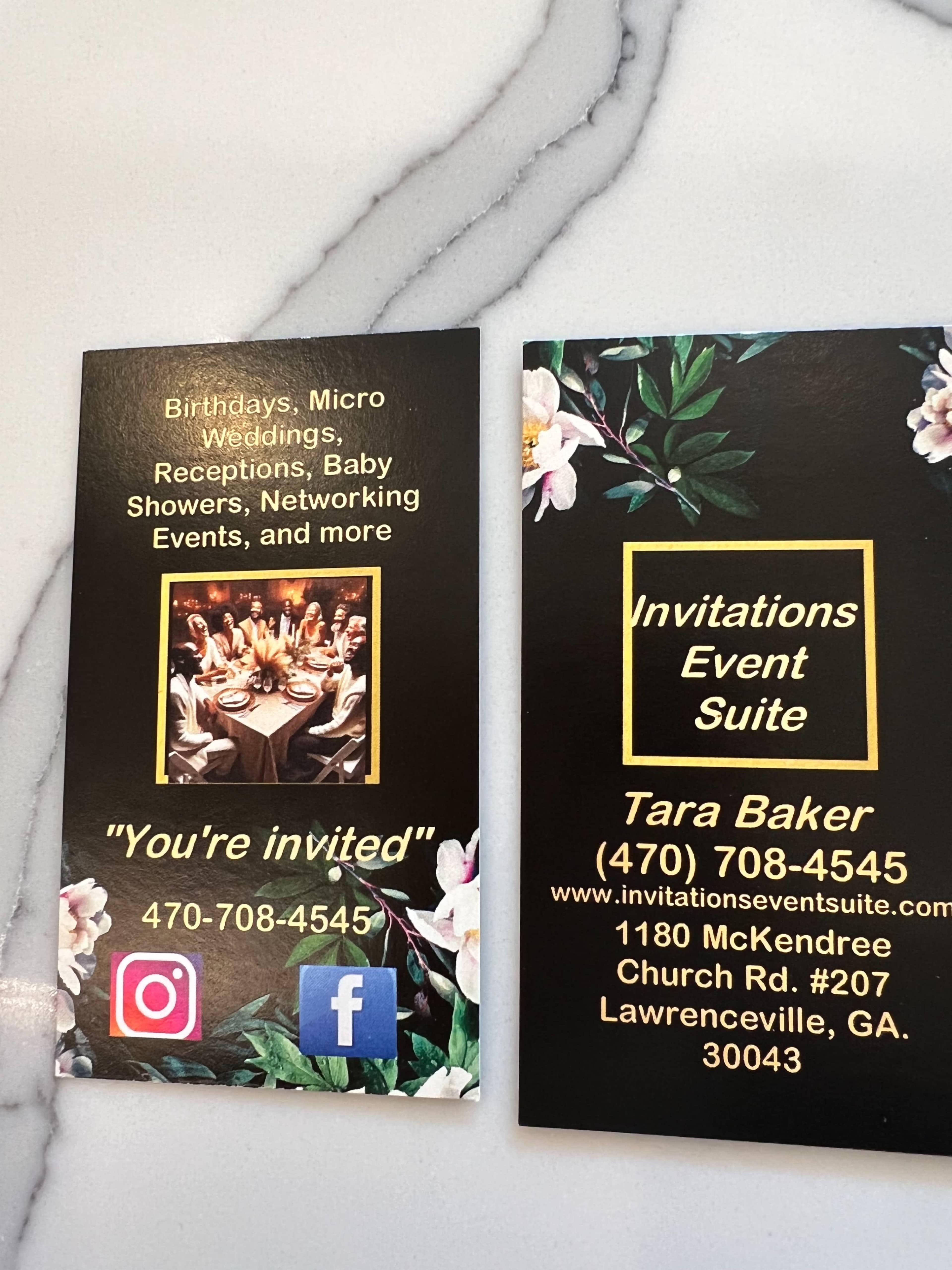 The image displays two invitation cards promoting event services, featuring contact information and social media handles.