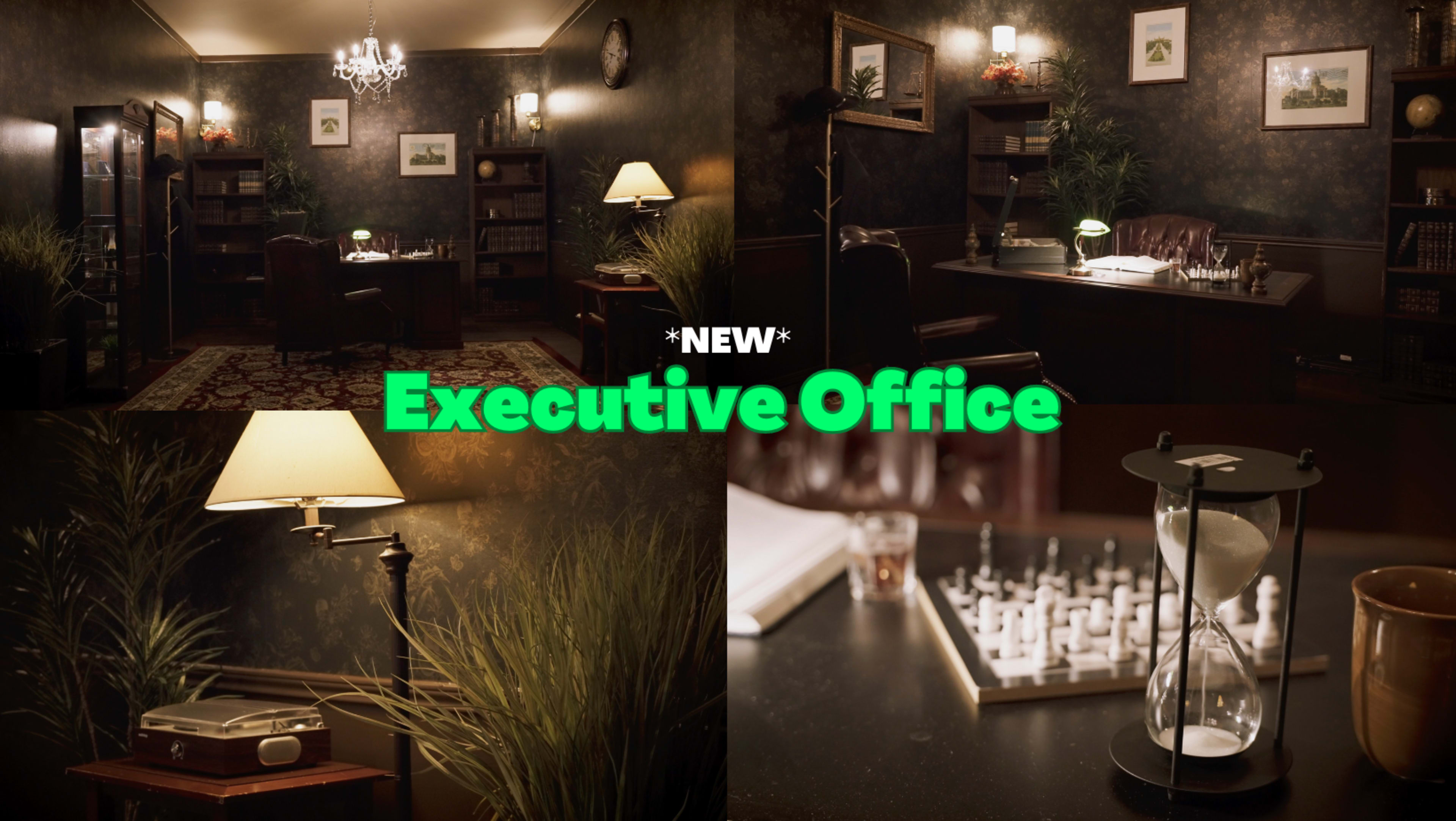 A lavish executive office with dark wallpaper, elegant furnishings, and decorative elements such as plants and a chess set.