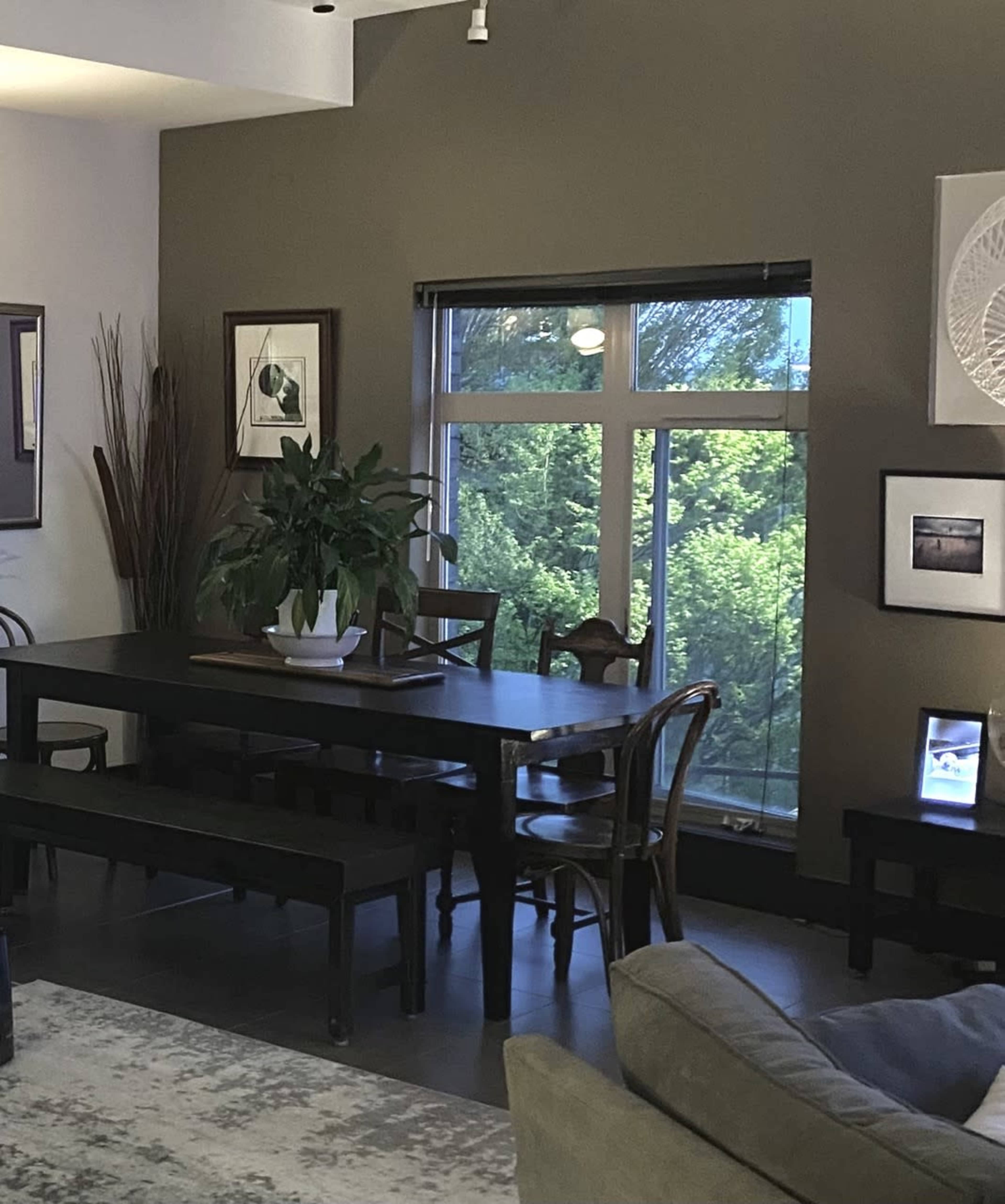 A living space with a large wooden dining table, several chairs, a sofa, and windows revealing green trees outside.