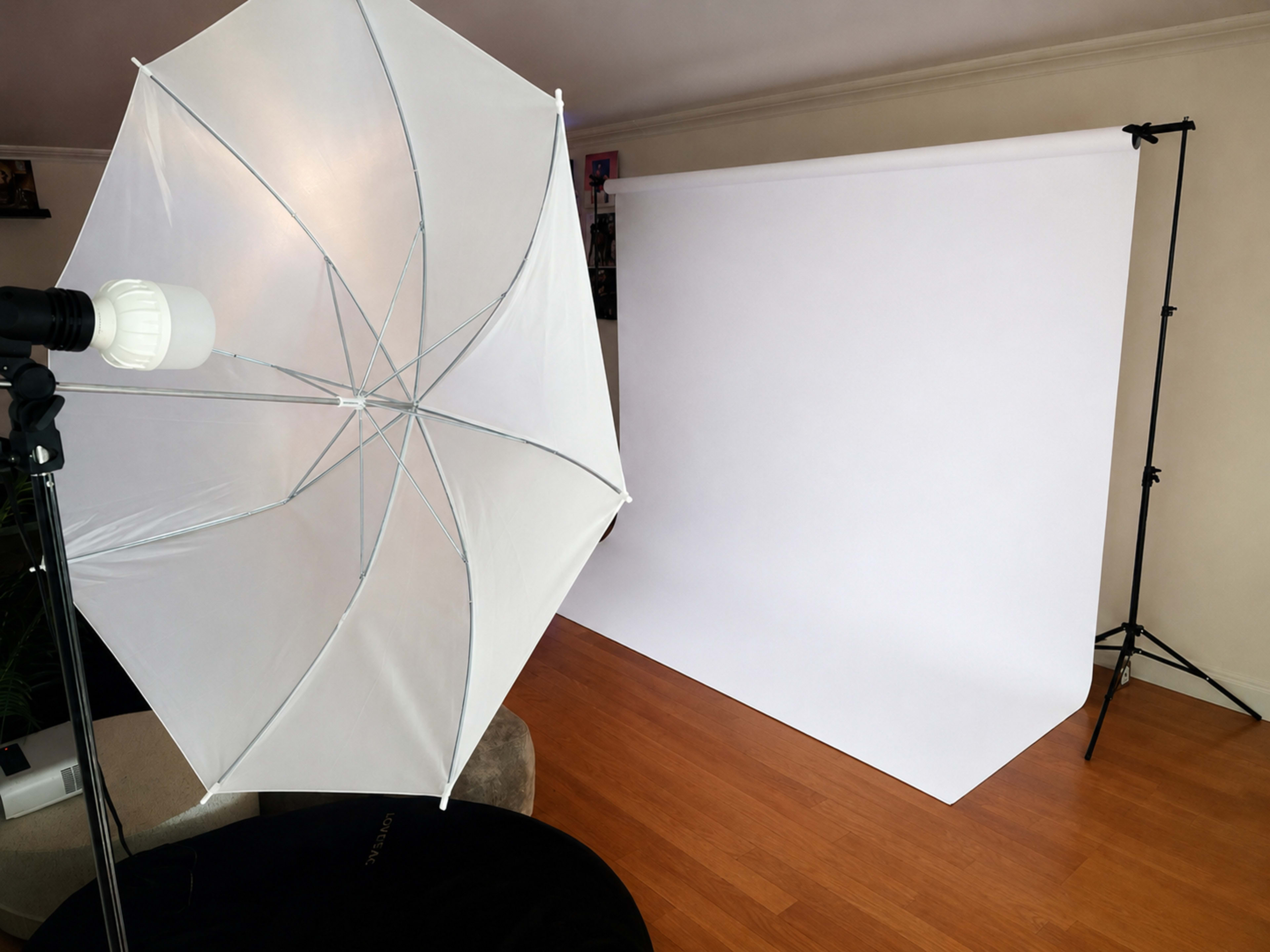 The image shows a photography setup featuring an umbrella softbox and a white backdrop on a hardwood floor.