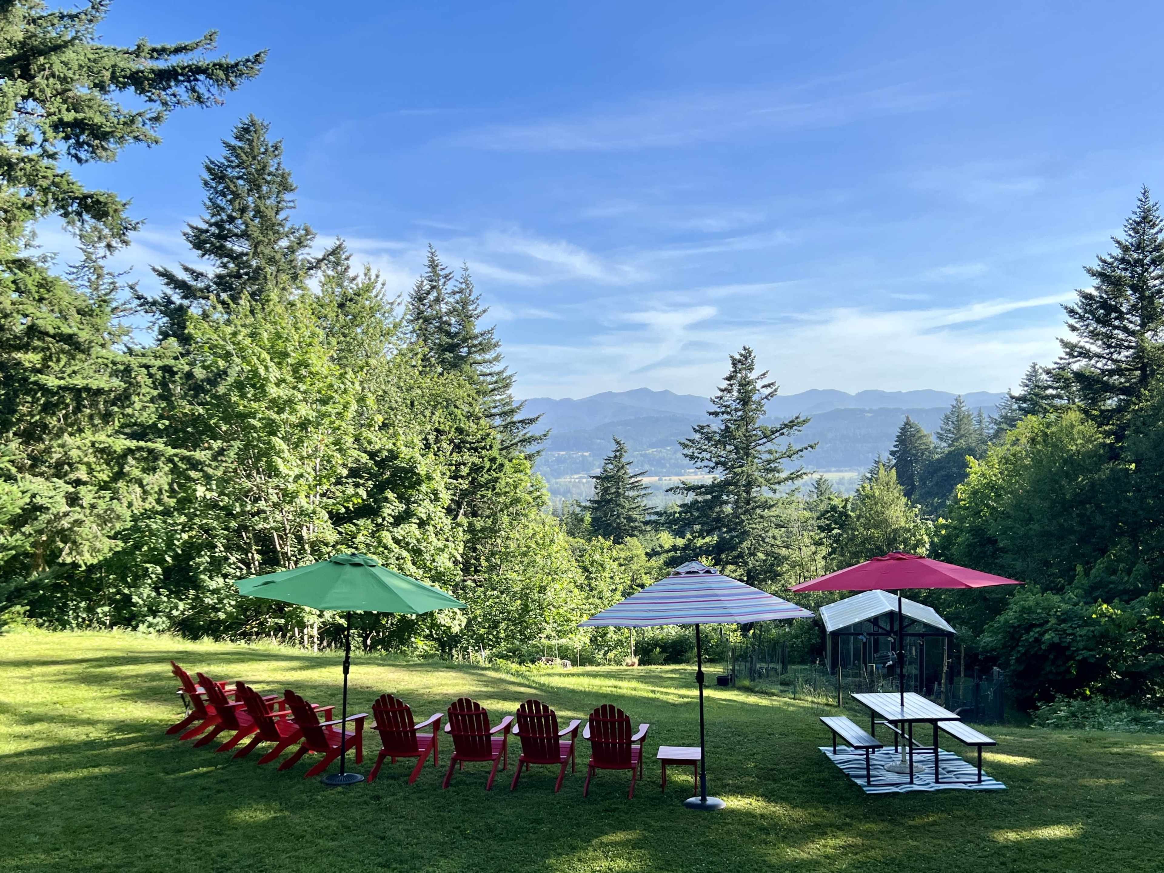 A row of red Adirondack chairs with umbrellas overlooks a lush green landscape and distant mountains.