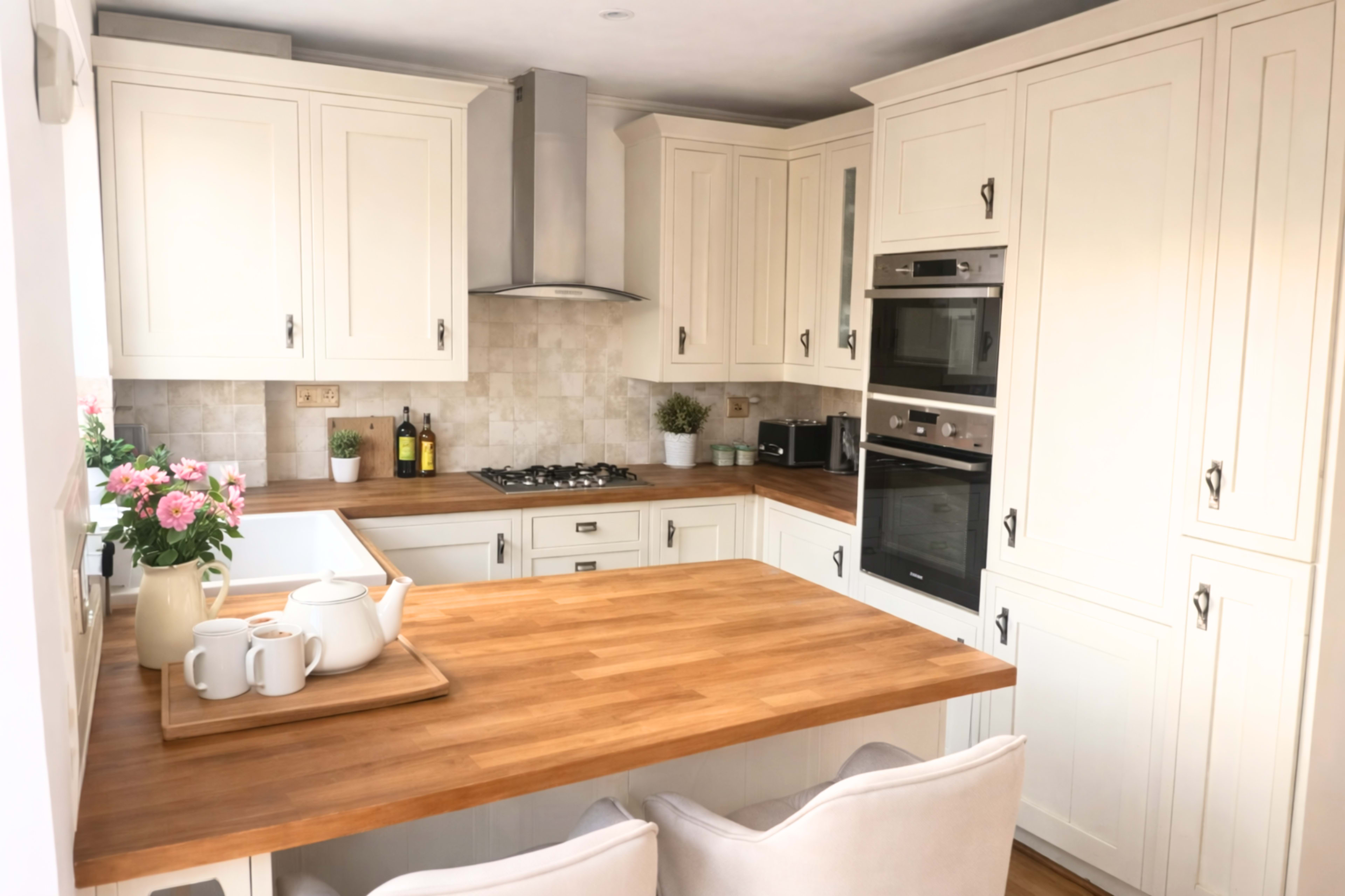 The image shows a modern kitchen with light-colored cabinets, a wooden countertop, and stainless steel appliances.