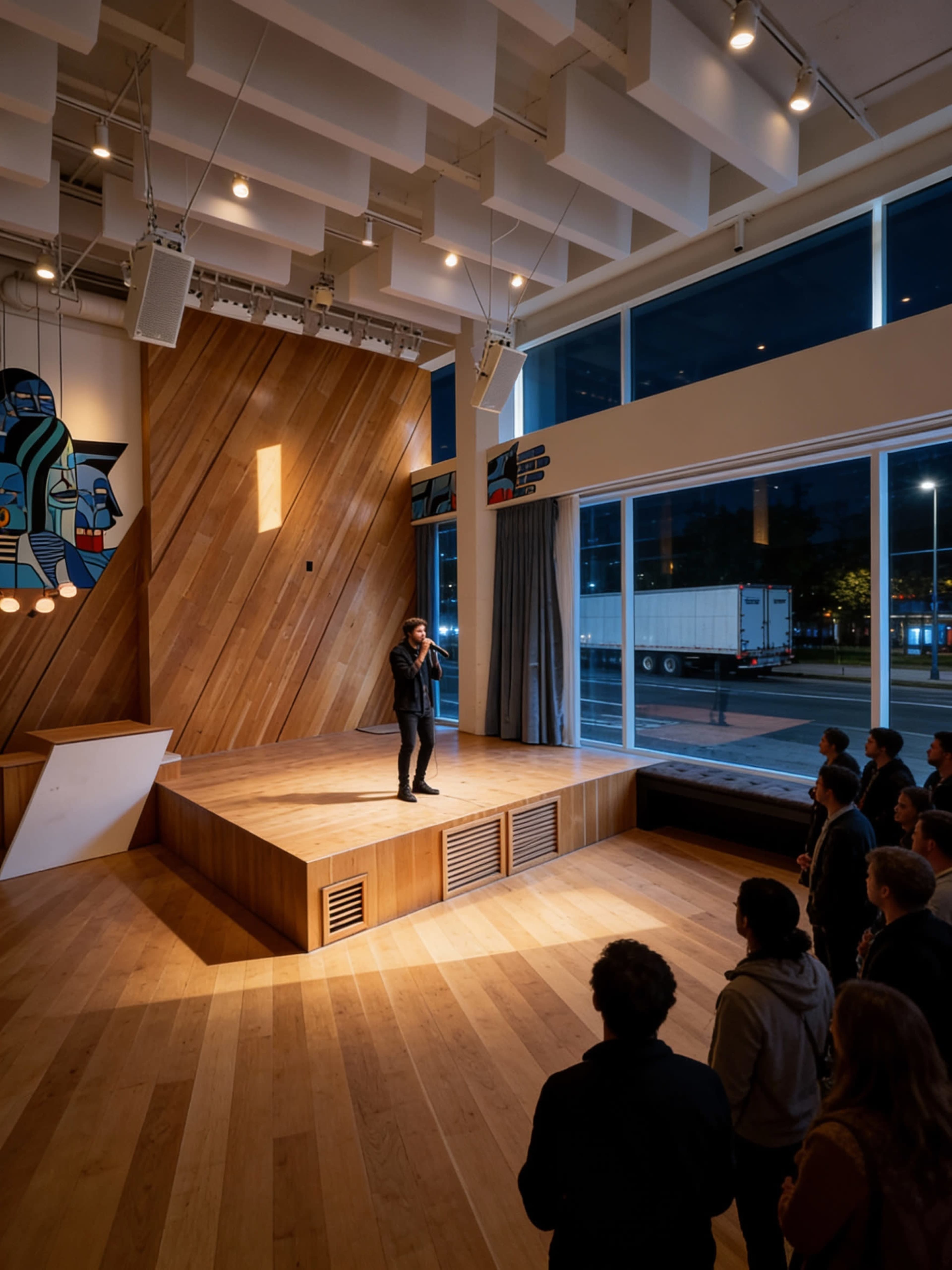 A speaker stands on a wooden stage in a brightly lit auditorium while an audience observes from the front.