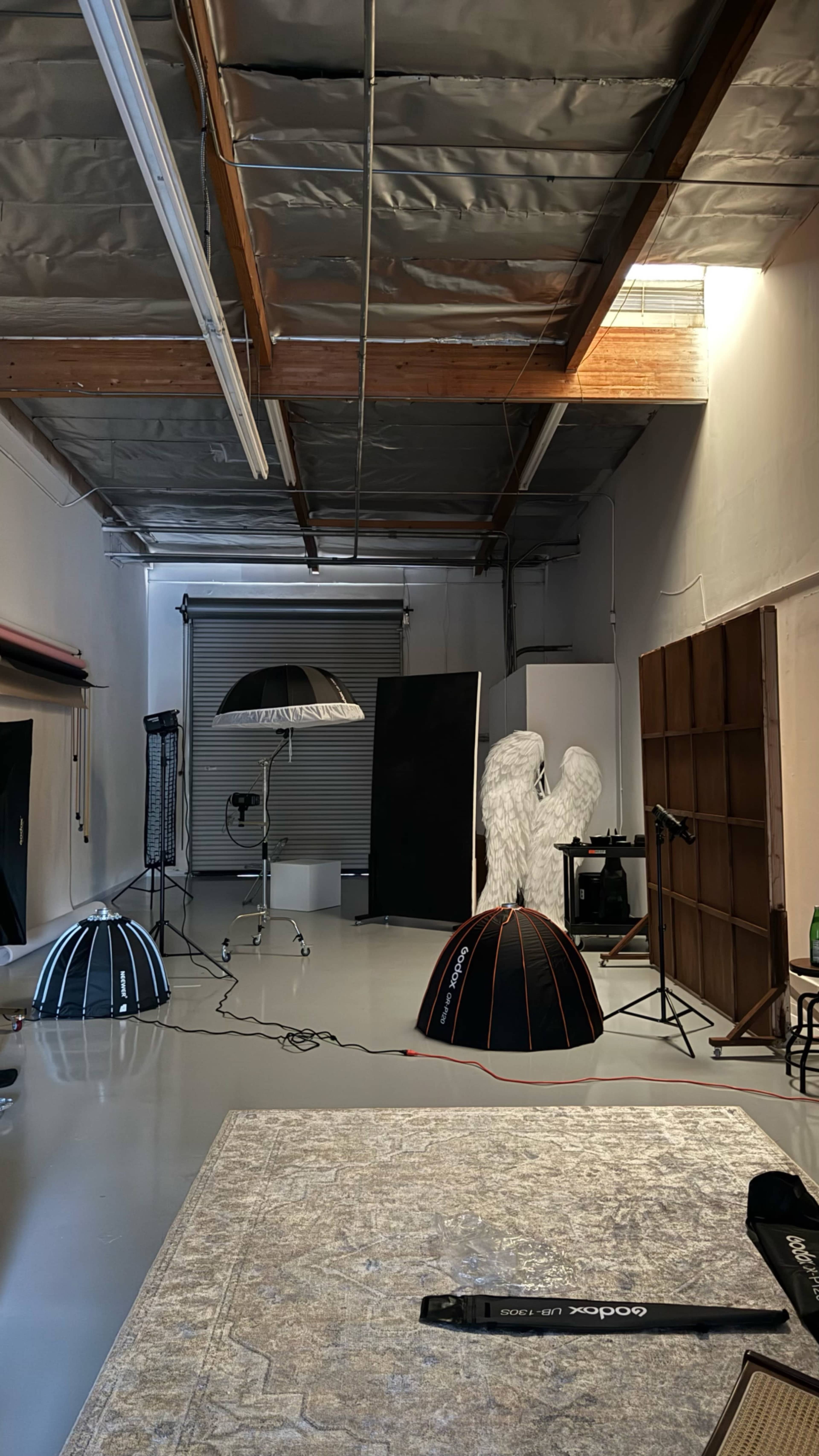 The image shows a photography studio with various lighting equipment, a grey rug, and a backdrop setup.