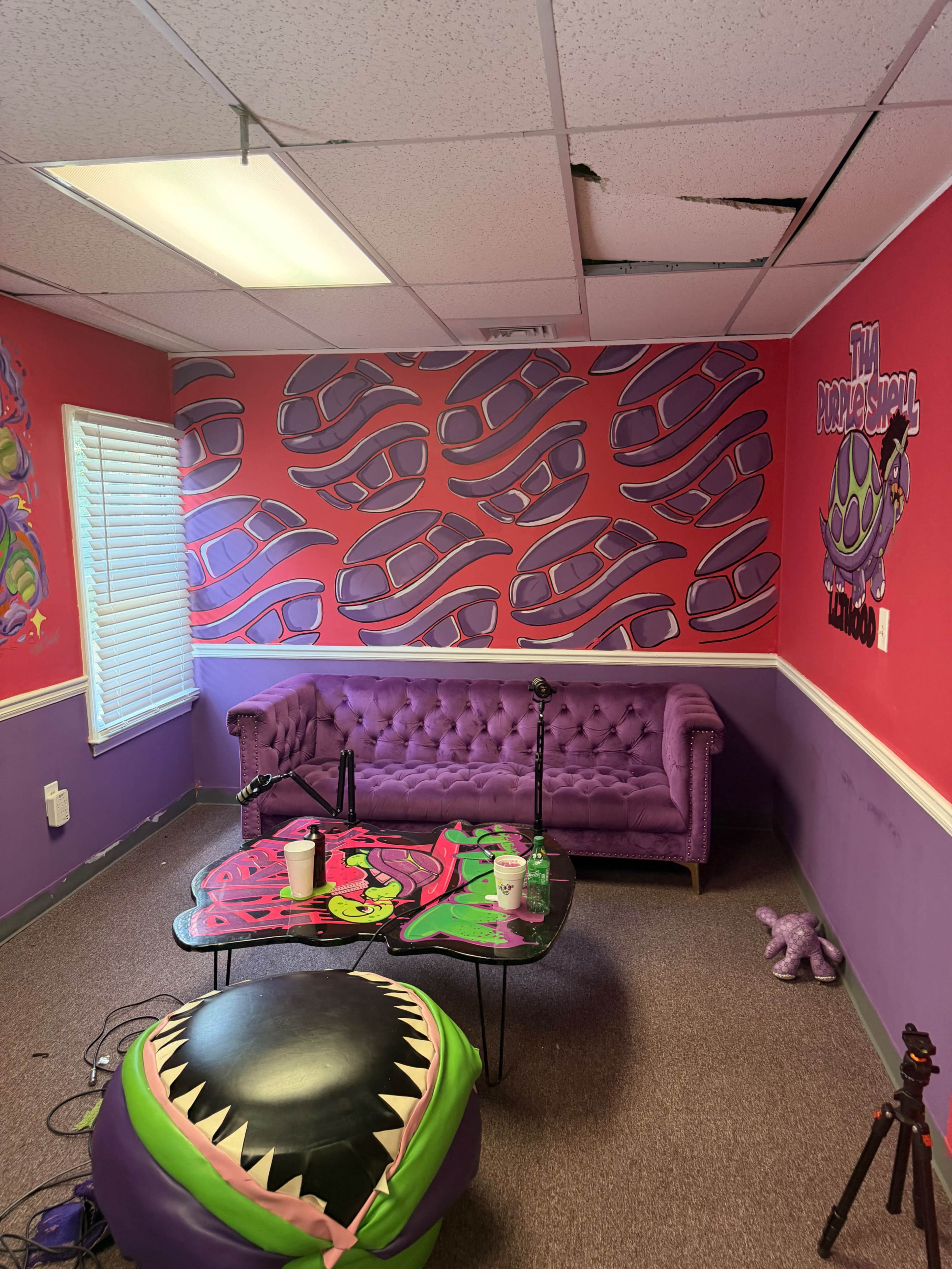 The image shows a purple-themed room with a couch, a table featuring vibrant artwork, and visible ceiling damage.