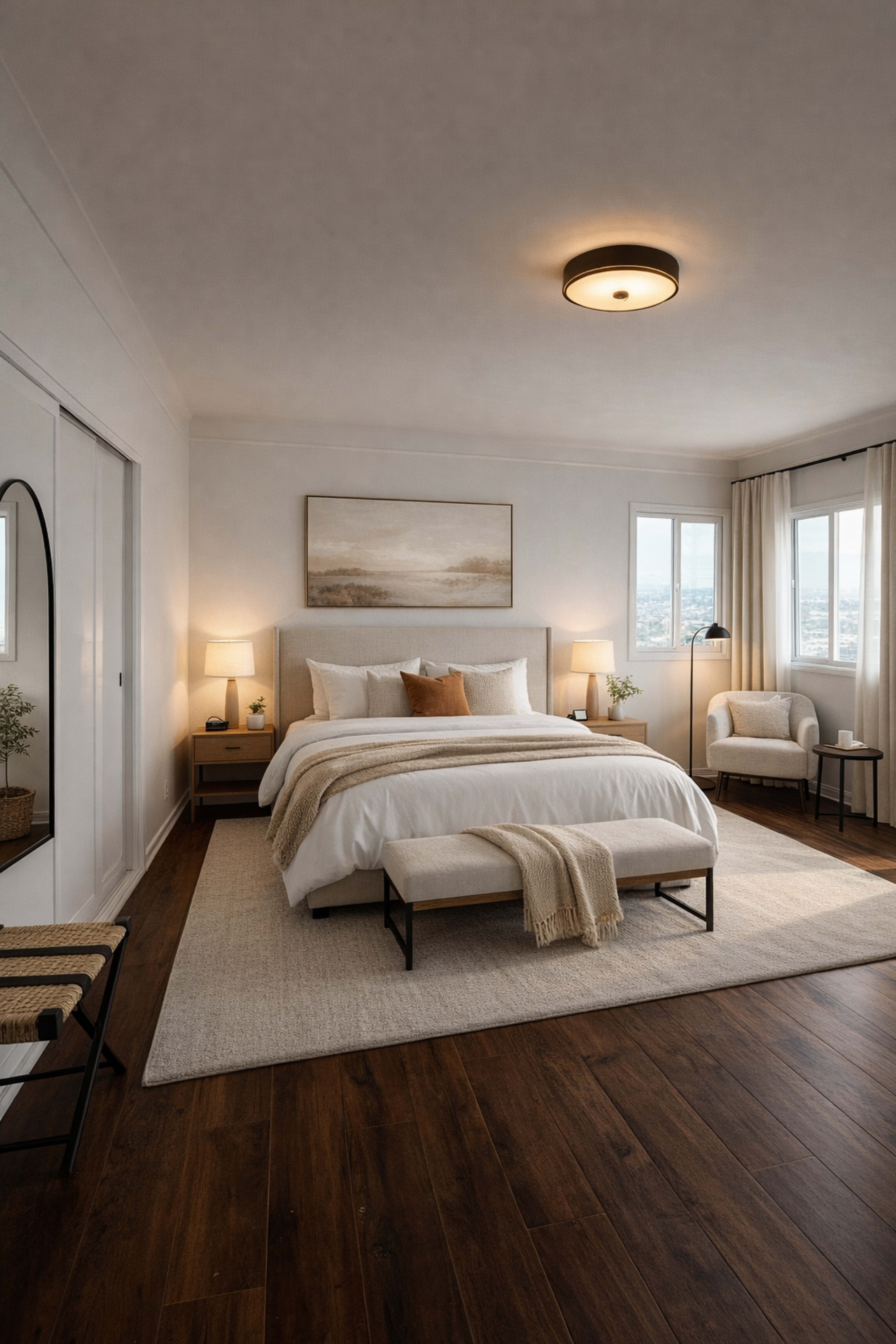 The image shows a modern bedroom with a large bed, two bedside tables with lamps, a cozy chair, and a view through windows.