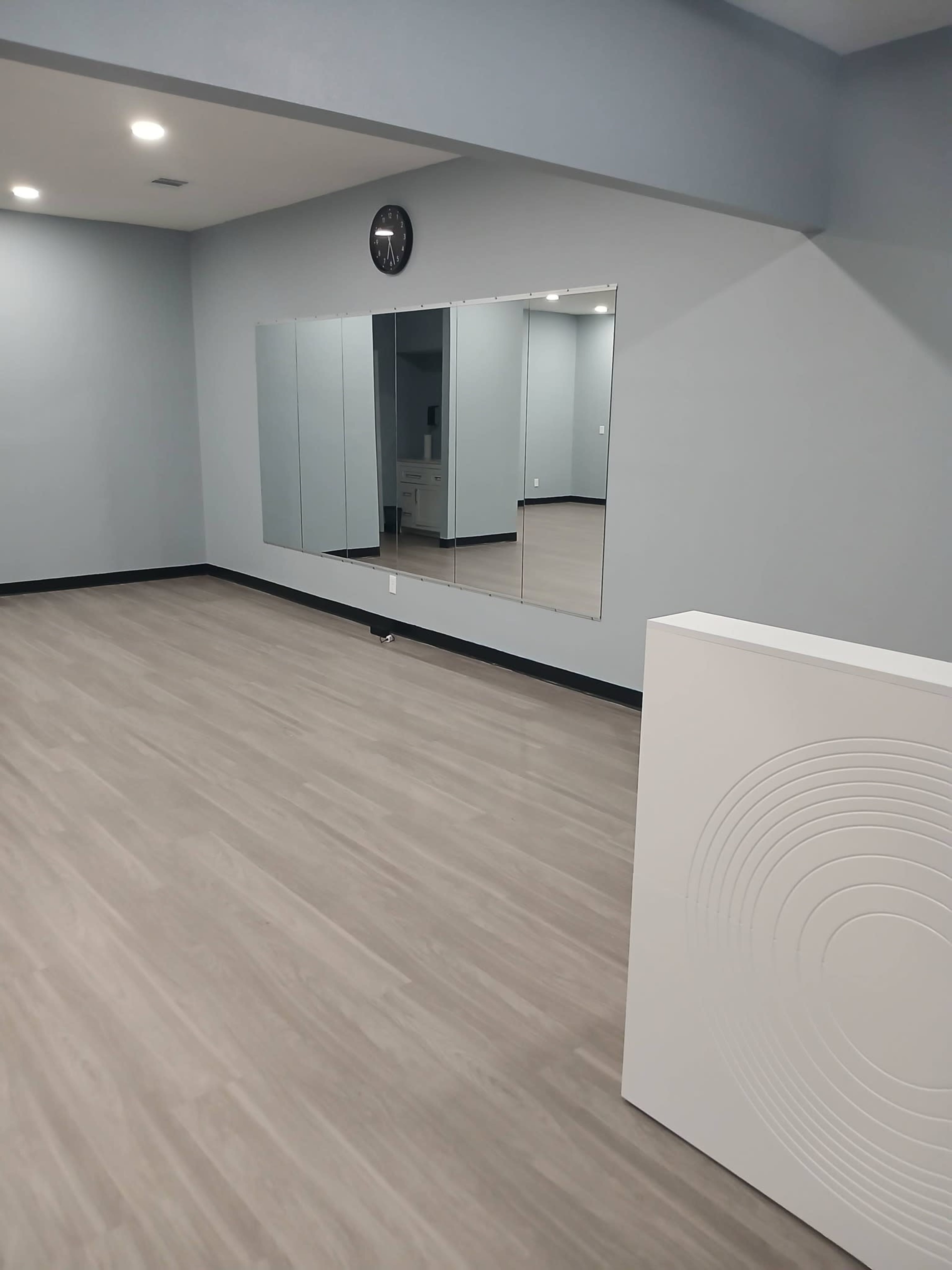 The image shows a spacious, empty room with light gray walls, wooden flooring, and a large mirror installation on one side.