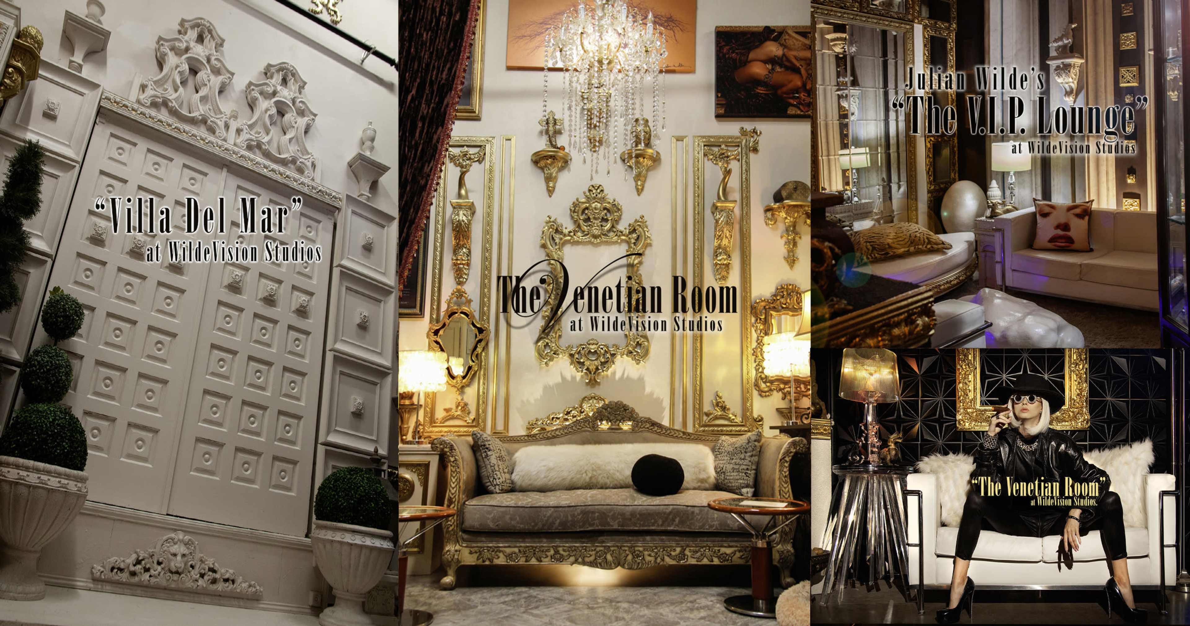 The image showcases four distinct luxurious interior settings from WholeVision Studios, each identified by its name, including "Villa Del Mar" and "The Venetian Room."