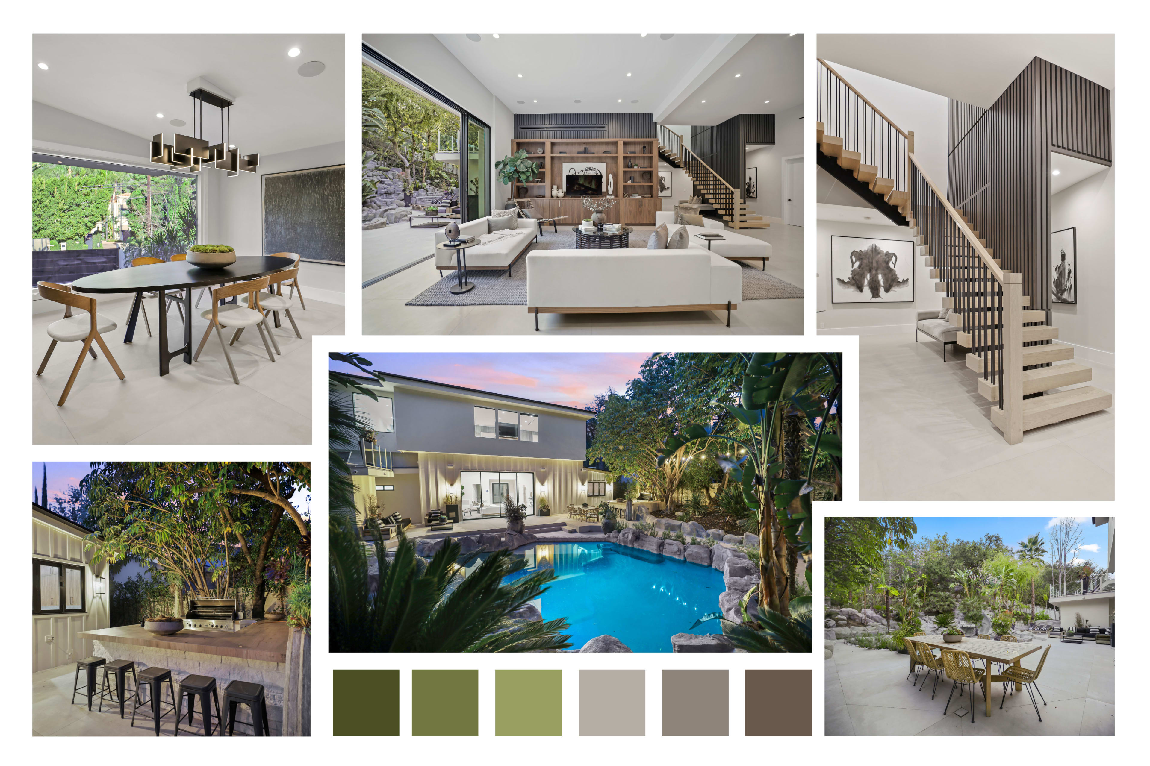 The image showcases a modern home interior and exterior, featuring an open-concept living area, a dining space, a staircase, and a backyard pool surrounded by landscaping.