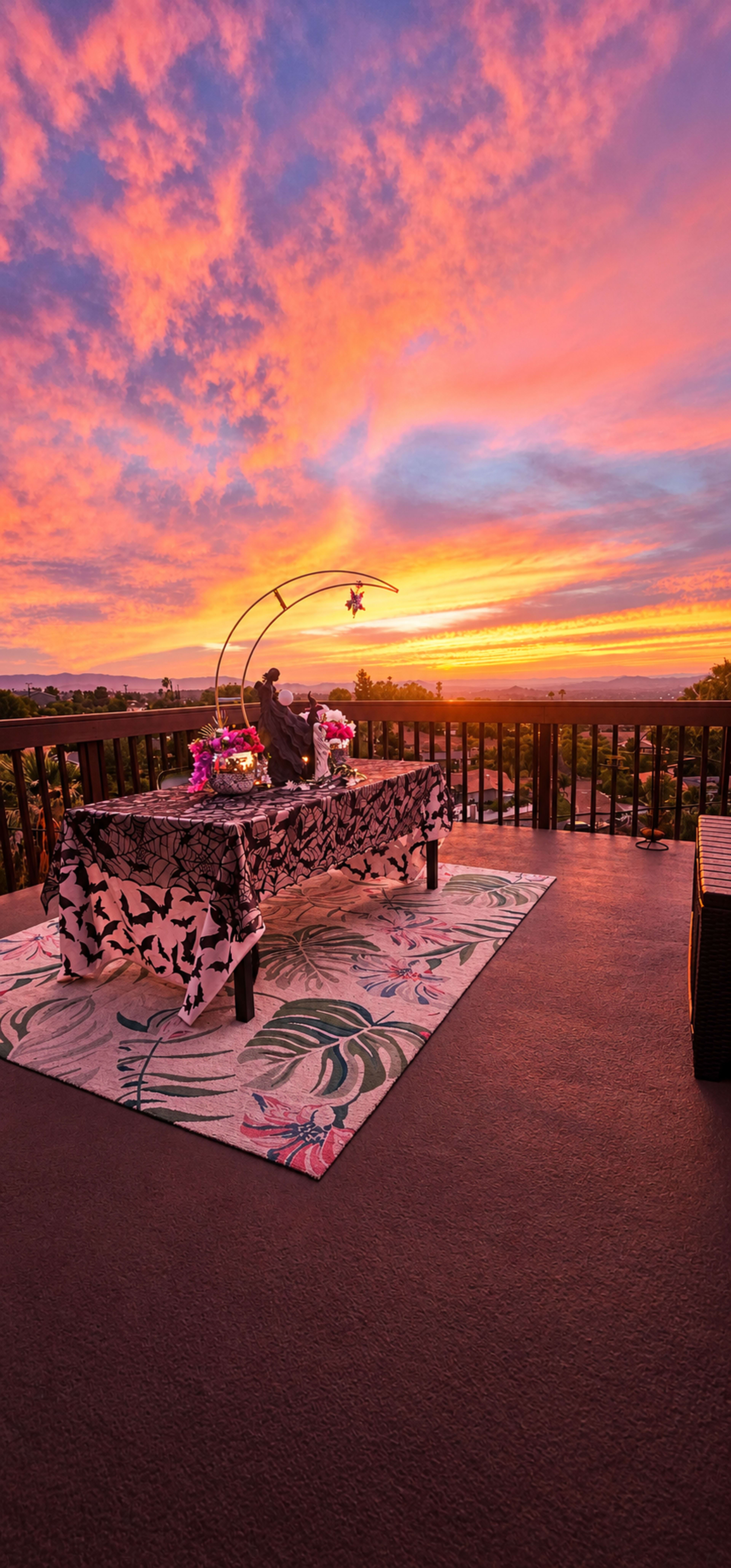 A table adorned with decorative items is set on a balcony overlooking a vibrant sunset and a coastal landscape.