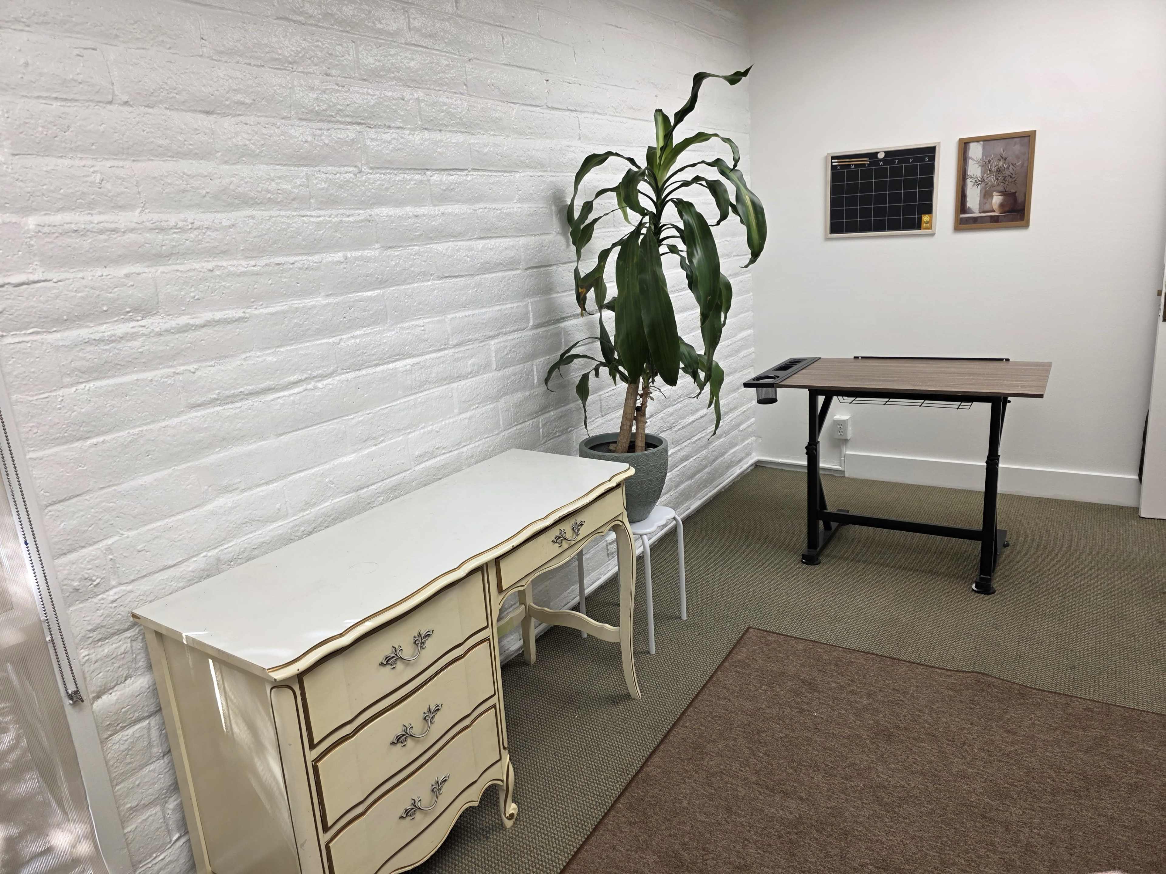 The image shows a room with a white brick wall, a light-colored dresser with three drawers, a potted plant, and a small table.