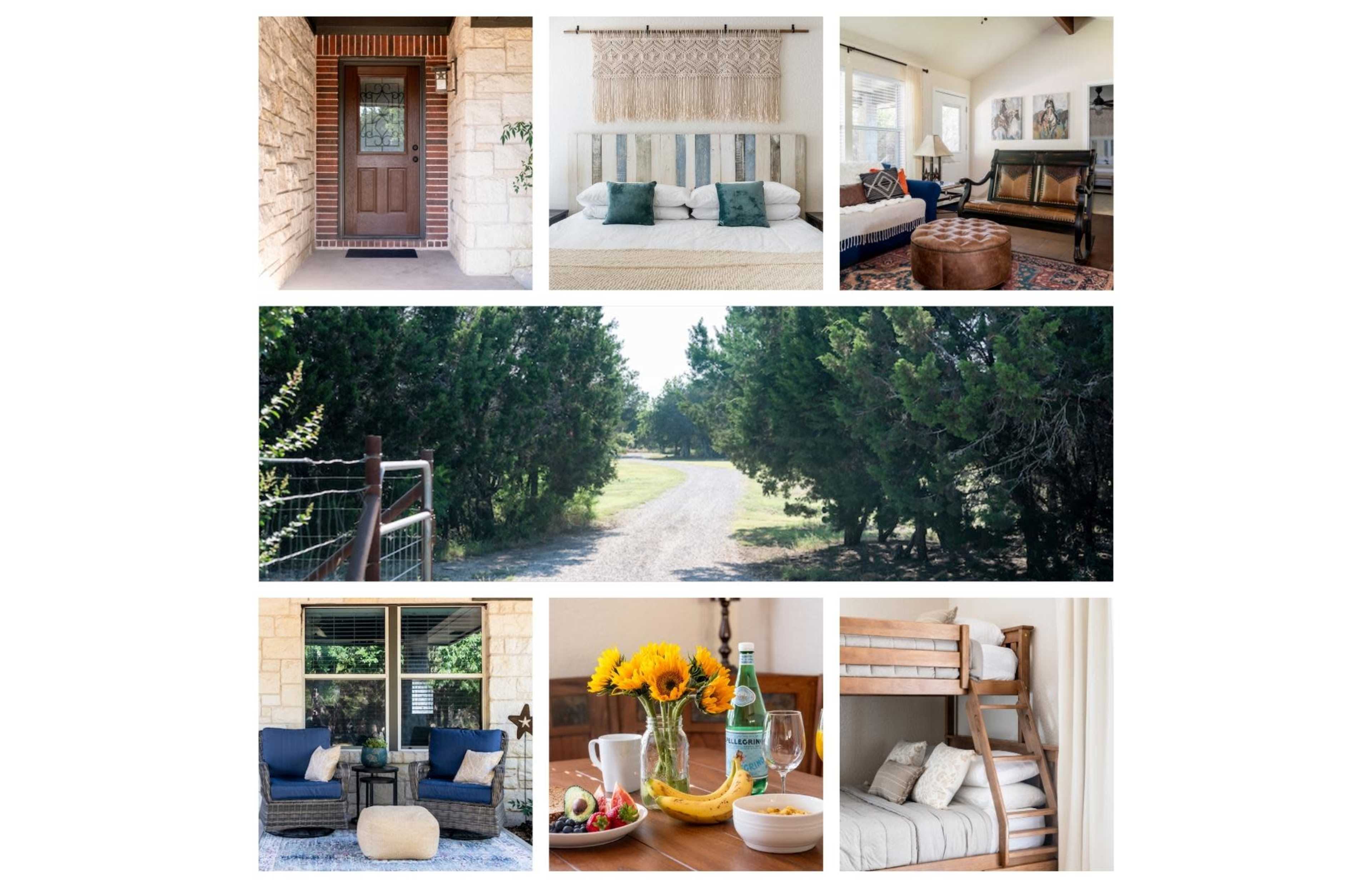 A series of home interiors and exteriors, including a front door, living room, dining area with breakfast, a pathway, and a view of surrounding greenery.